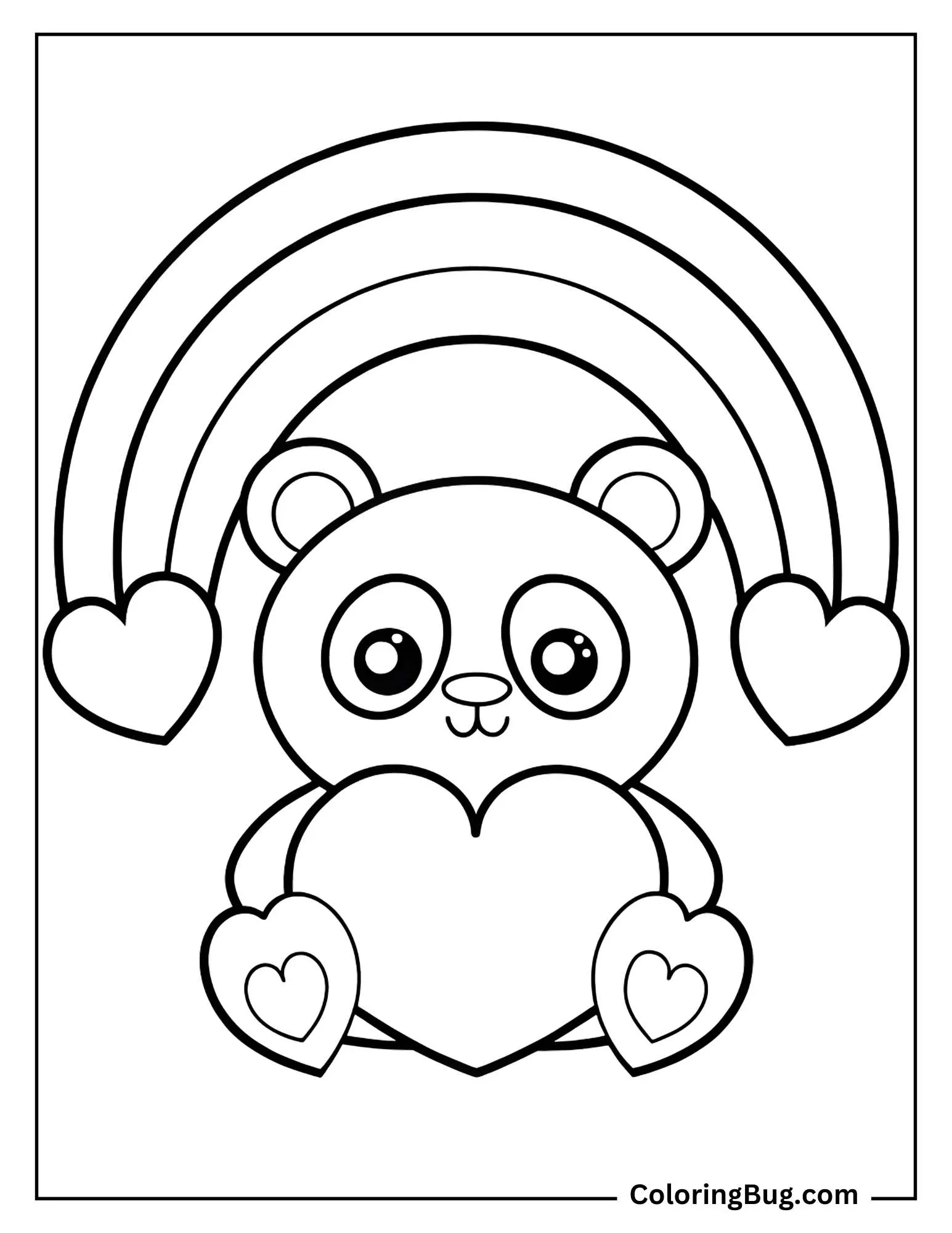 Panda With Rainbow And Hearts Coloring Sheet