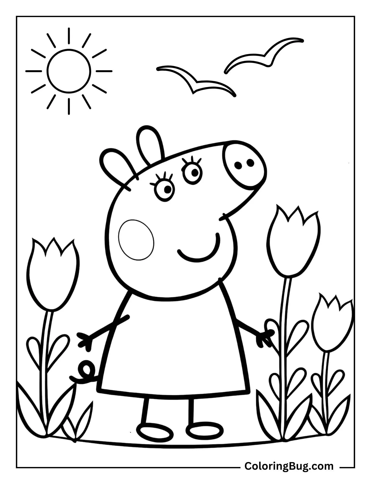 Peppa Pig Standing Near Tulips Blooming During Spring Coloring Sheet