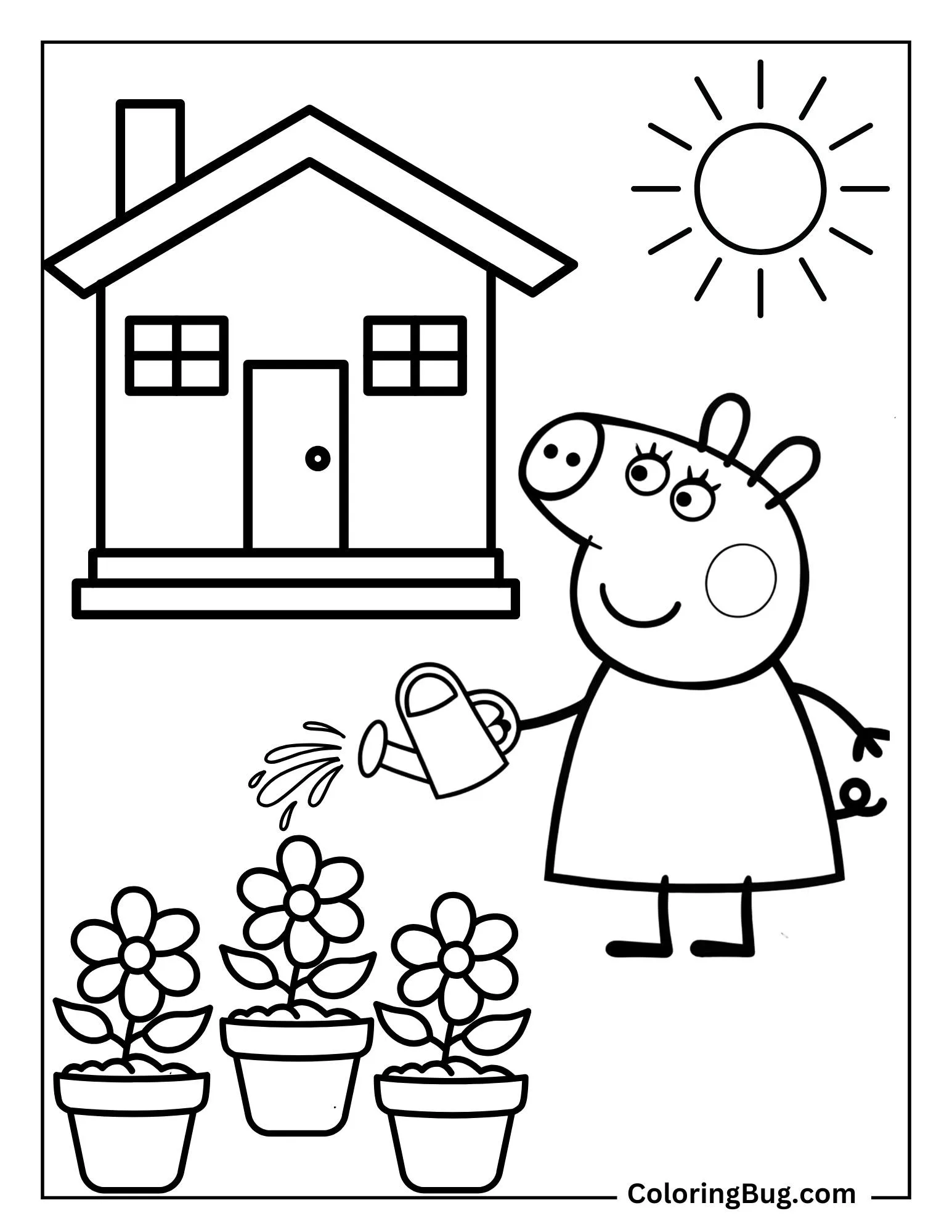 Peppa Pig Watering The Flowers In The Garden Coloring Sheet