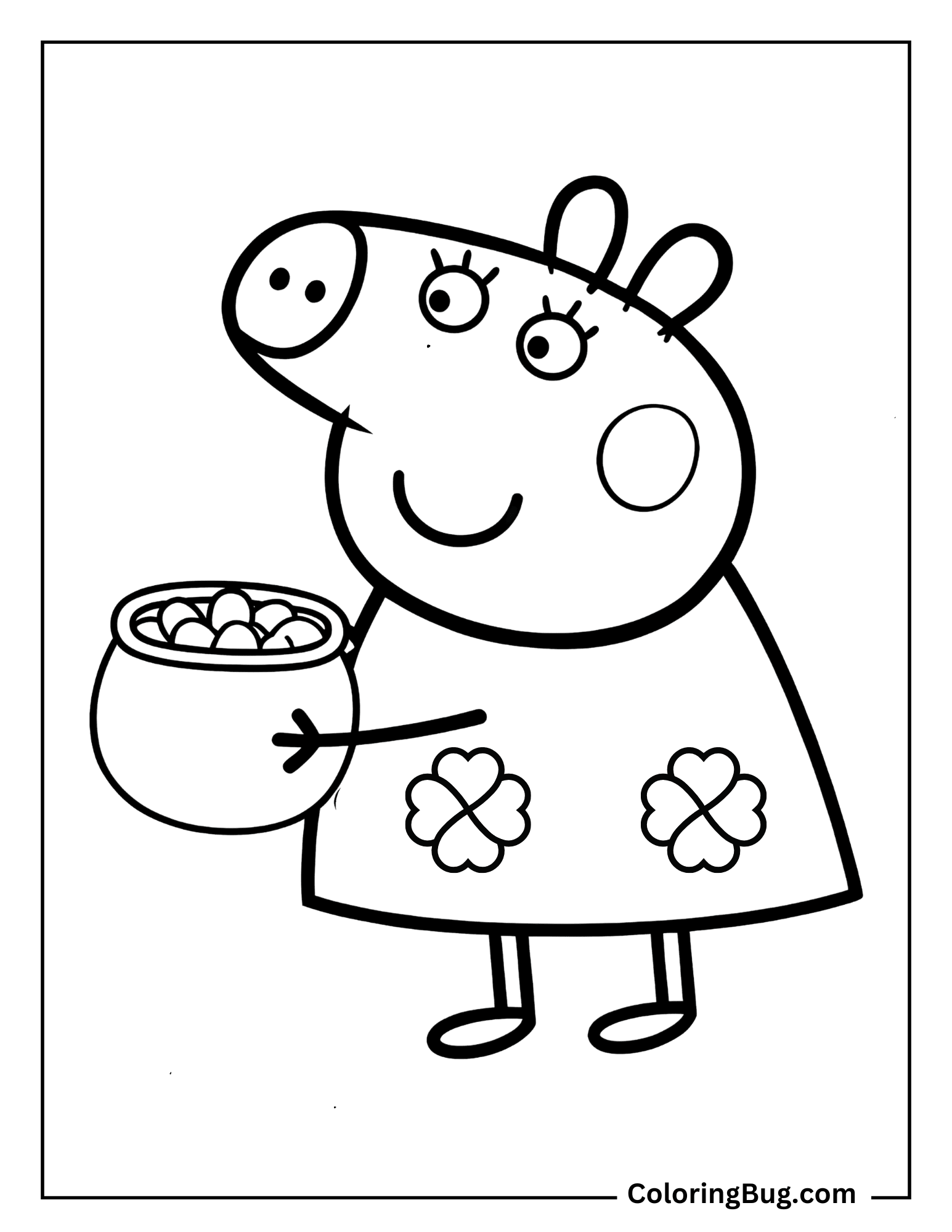 Peppa Pig Wearing Shamrock Dress, Holding Pot of Gold Coloring Sheet