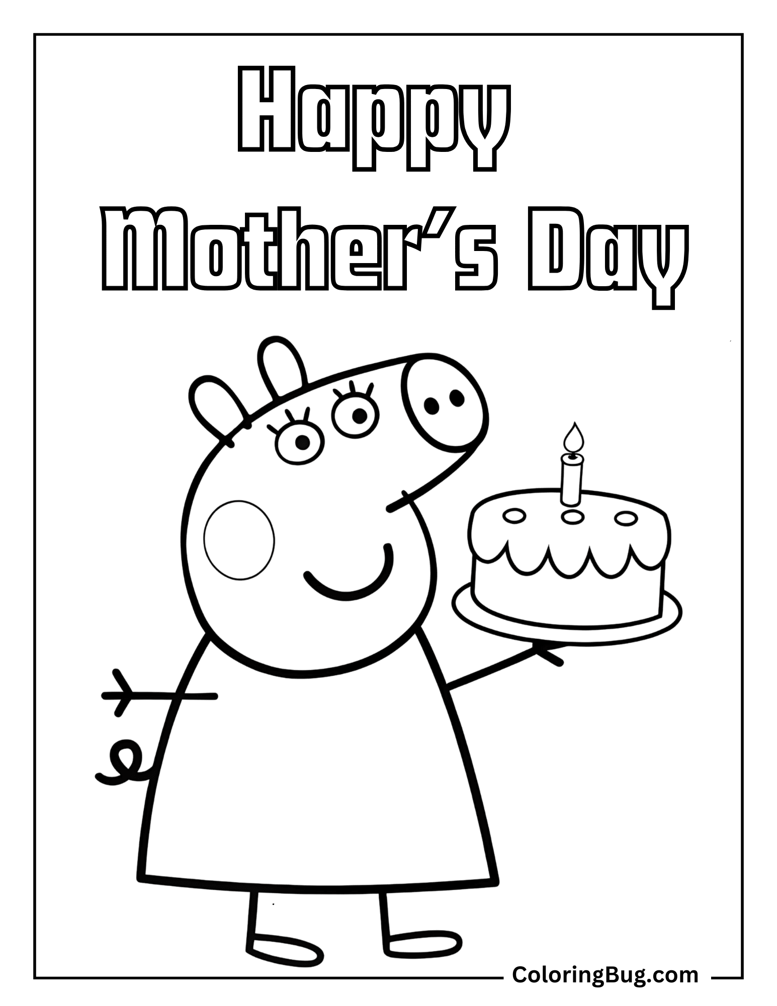 Peppa Pig With Happy Mother's Day Cake And Text Coloring Sheet