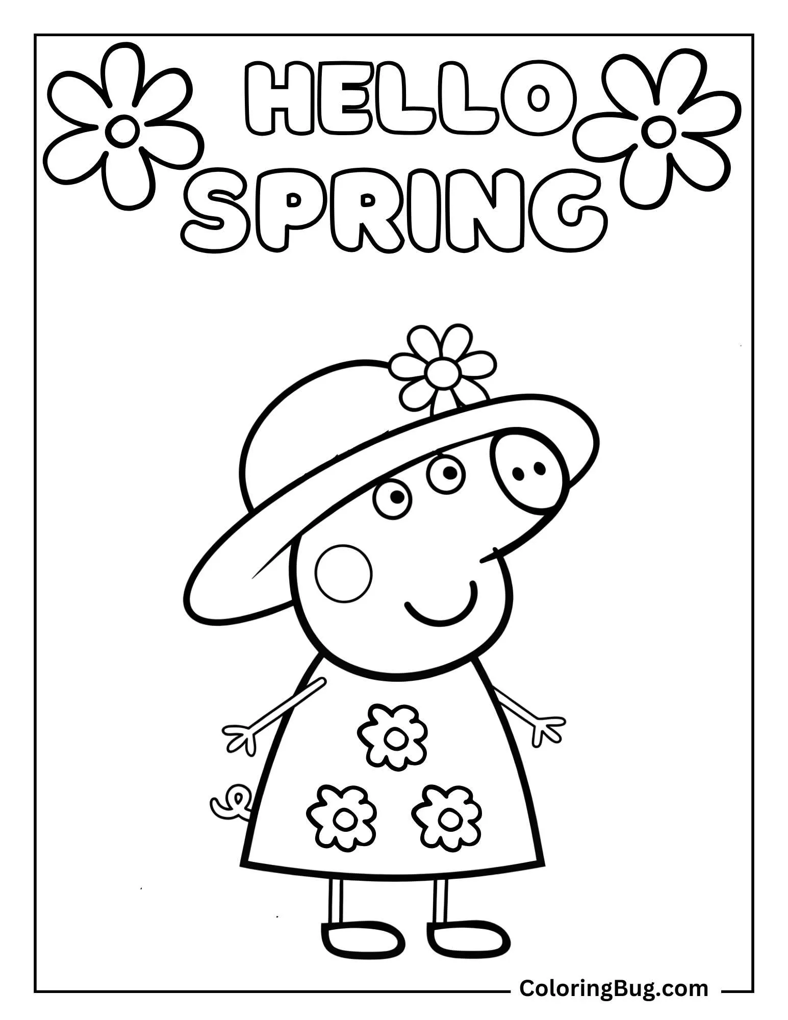 Peppa Pig With Hello Spring Text Coloring Sheet