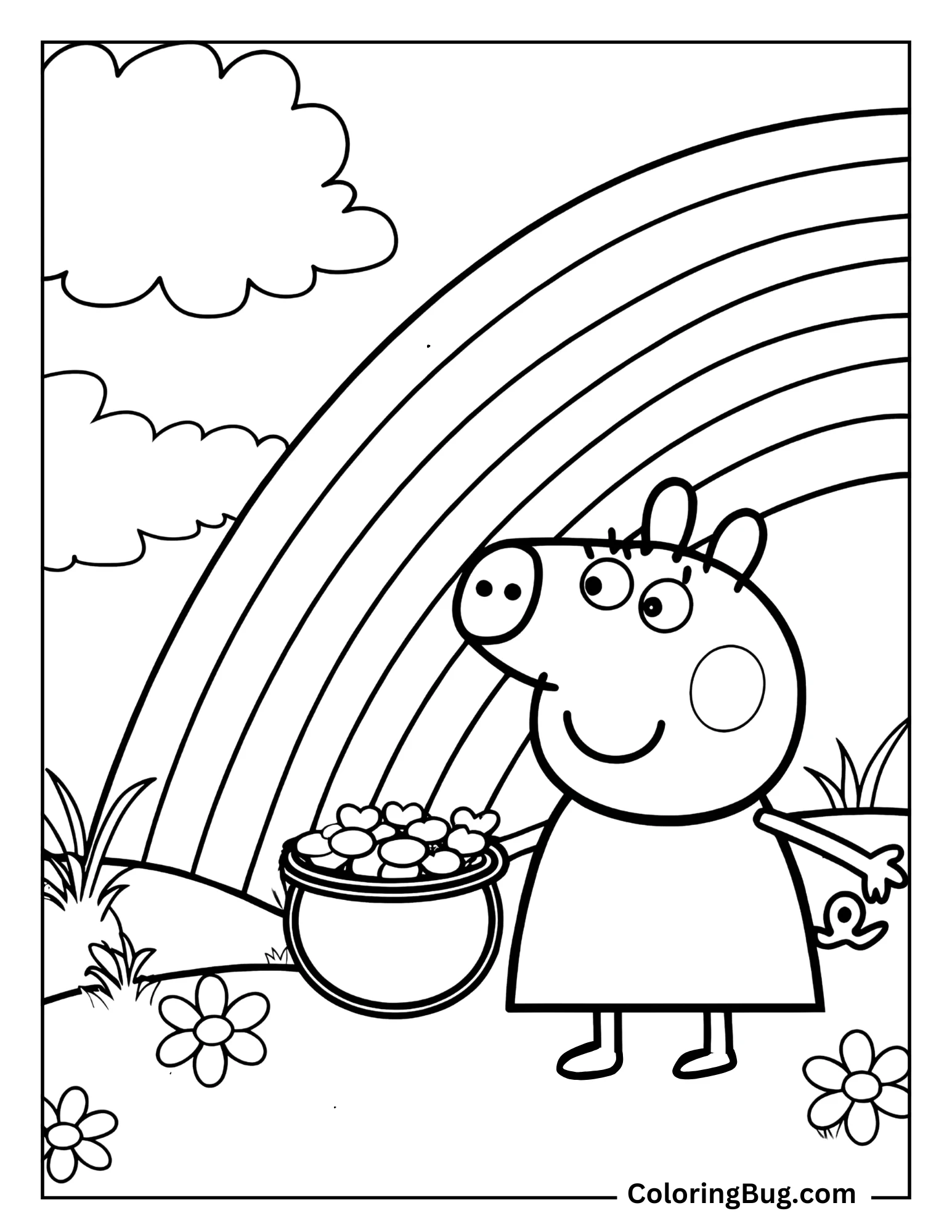 Peppa Pig With a Pot Of Gold At The End Of The Rainbow Coloring Sheet