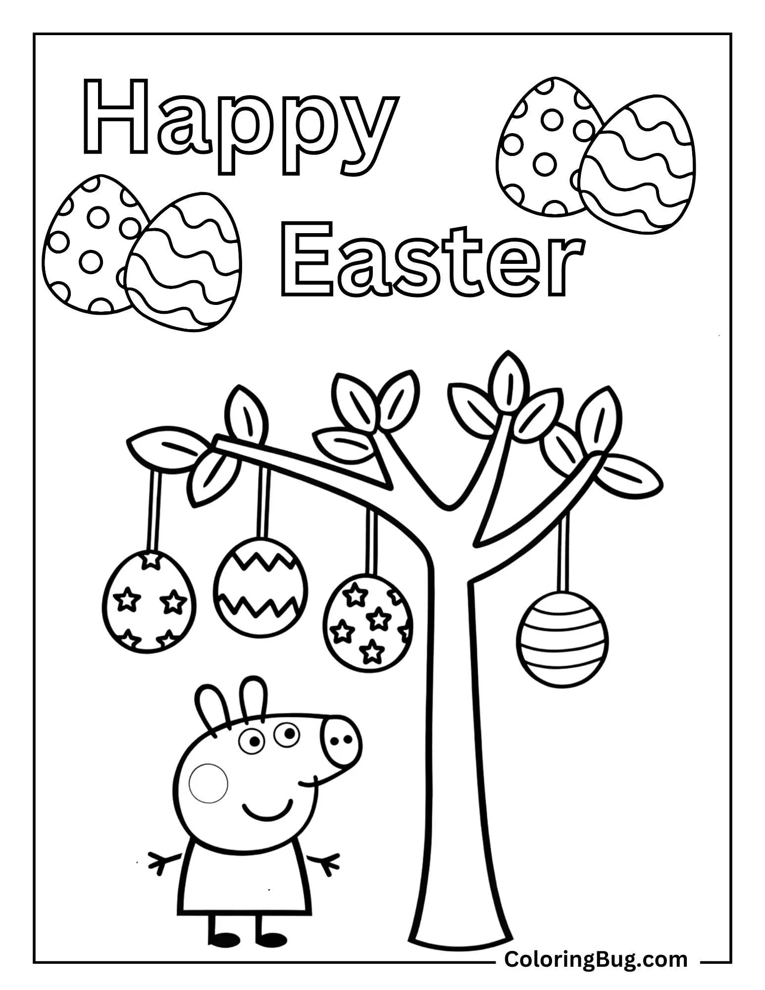 Peppa Pig decorating An Easter Tree Coloring Sheet