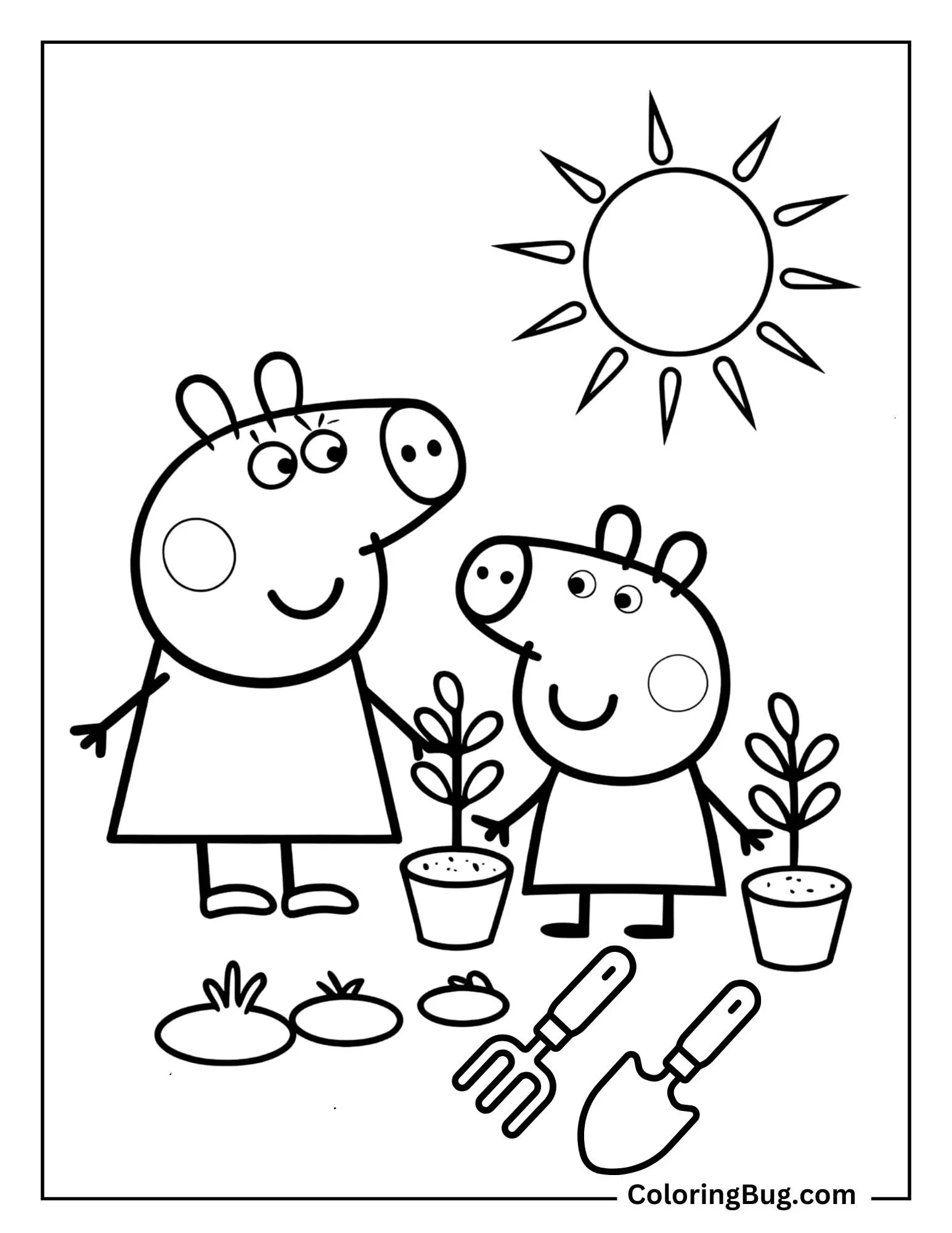 Peppa and Daddy Pig Planting a Garden Coloring Sheet