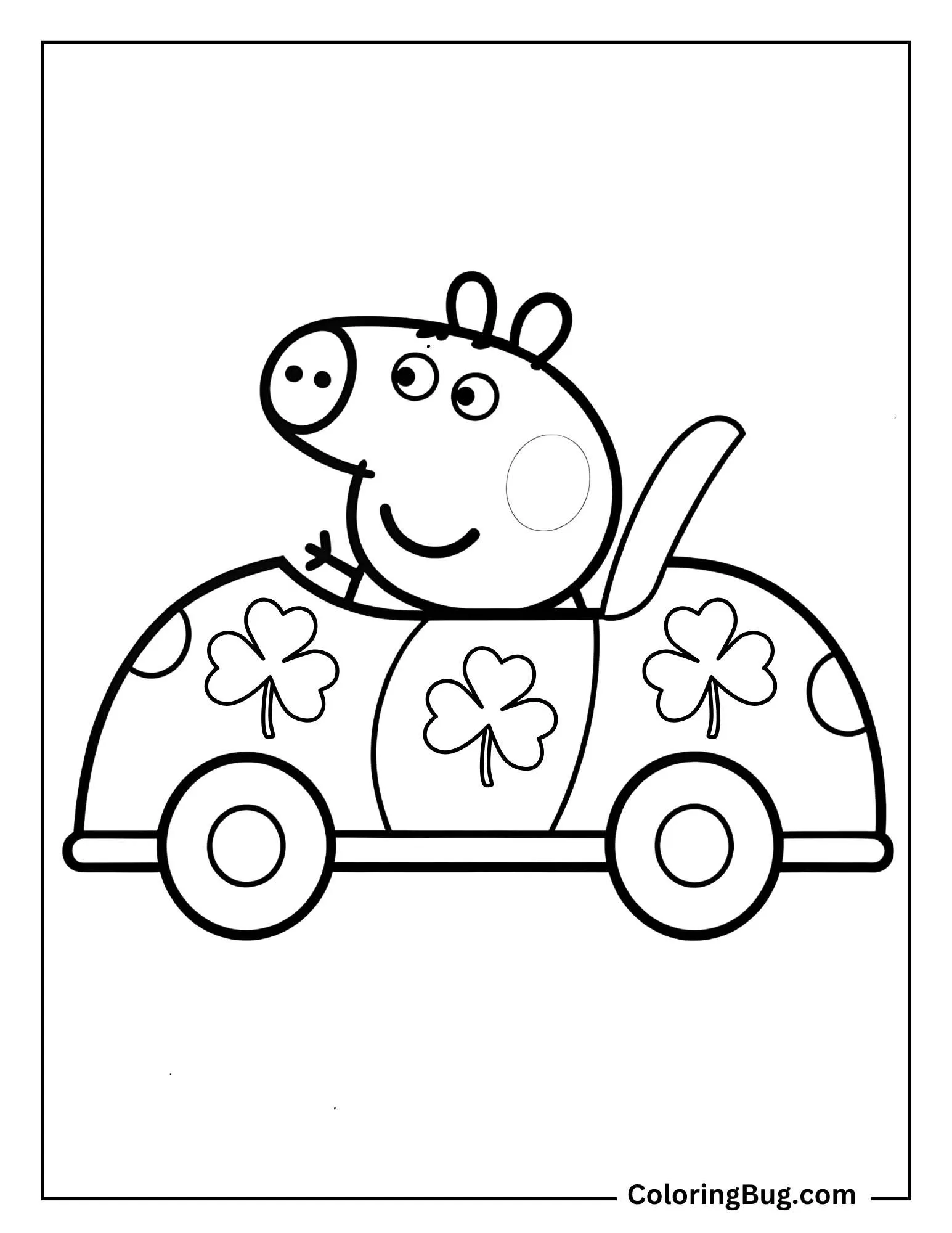 Peppa pig Driving a Car Decorated With Shamrocks For St. Patrick’s Day Coloring Sheet