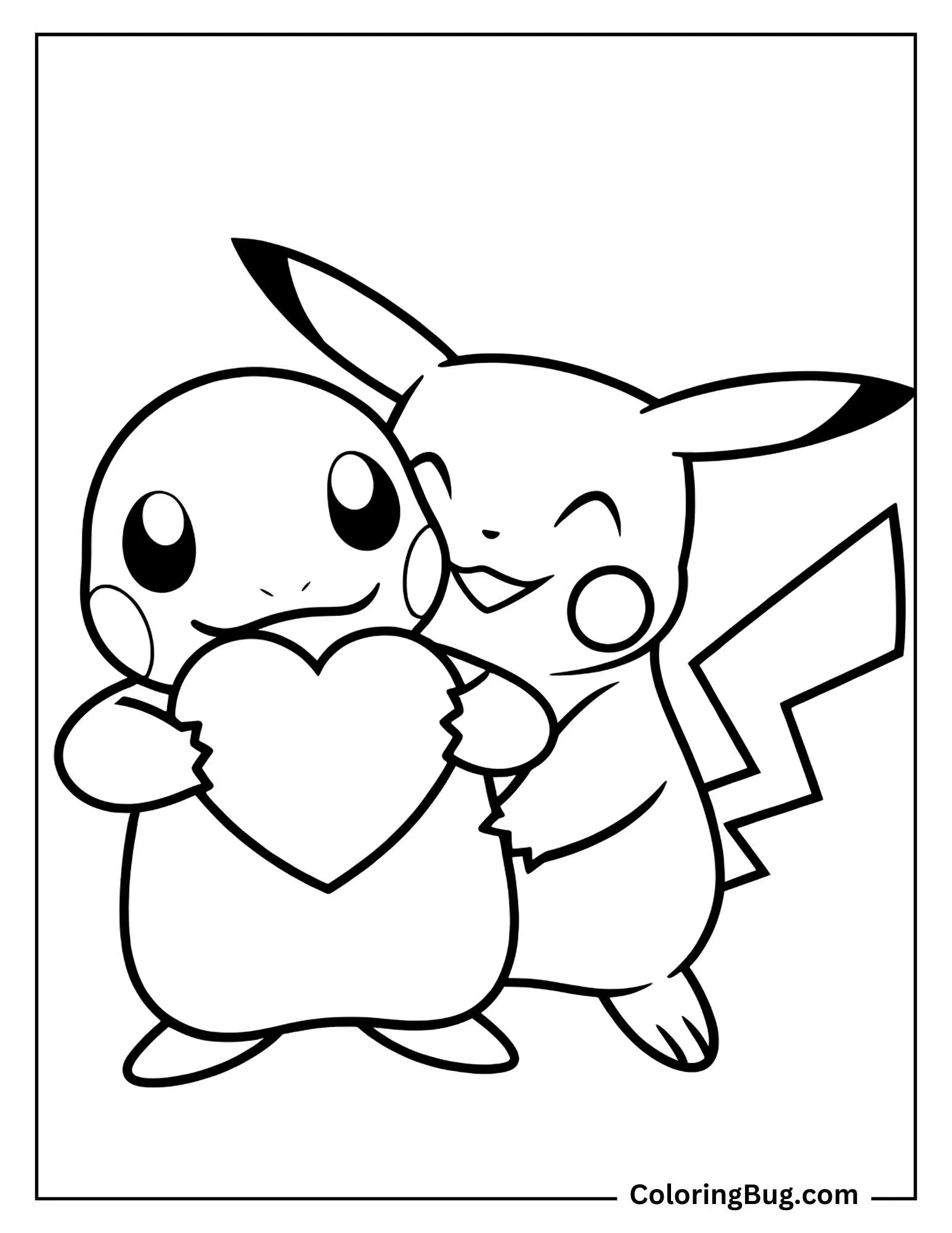 Pikachu Giving a Valentine’s Day Hug to Charmander Coloring Sheet