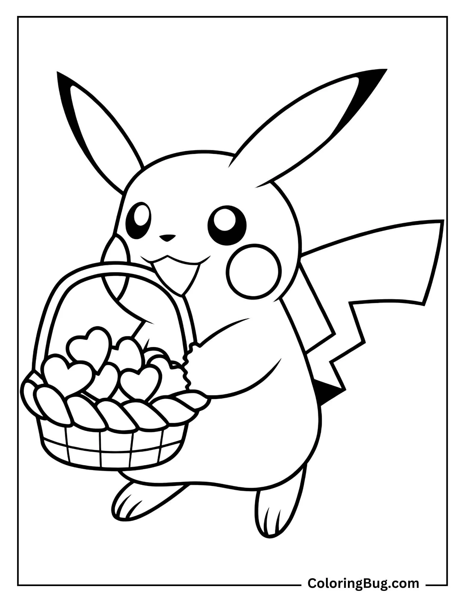Pikachu Holding Heart Shaped Candies Basket Coloring Sheet