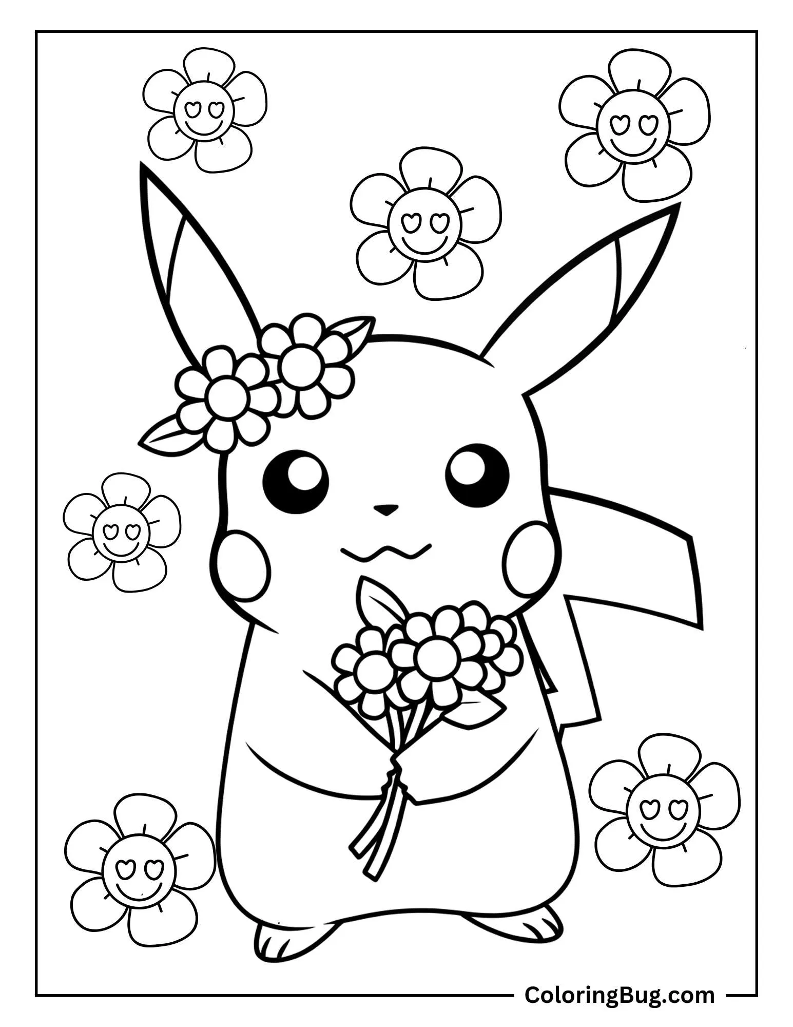 Pikachu Holding Spring Flowers Coloring Sheet