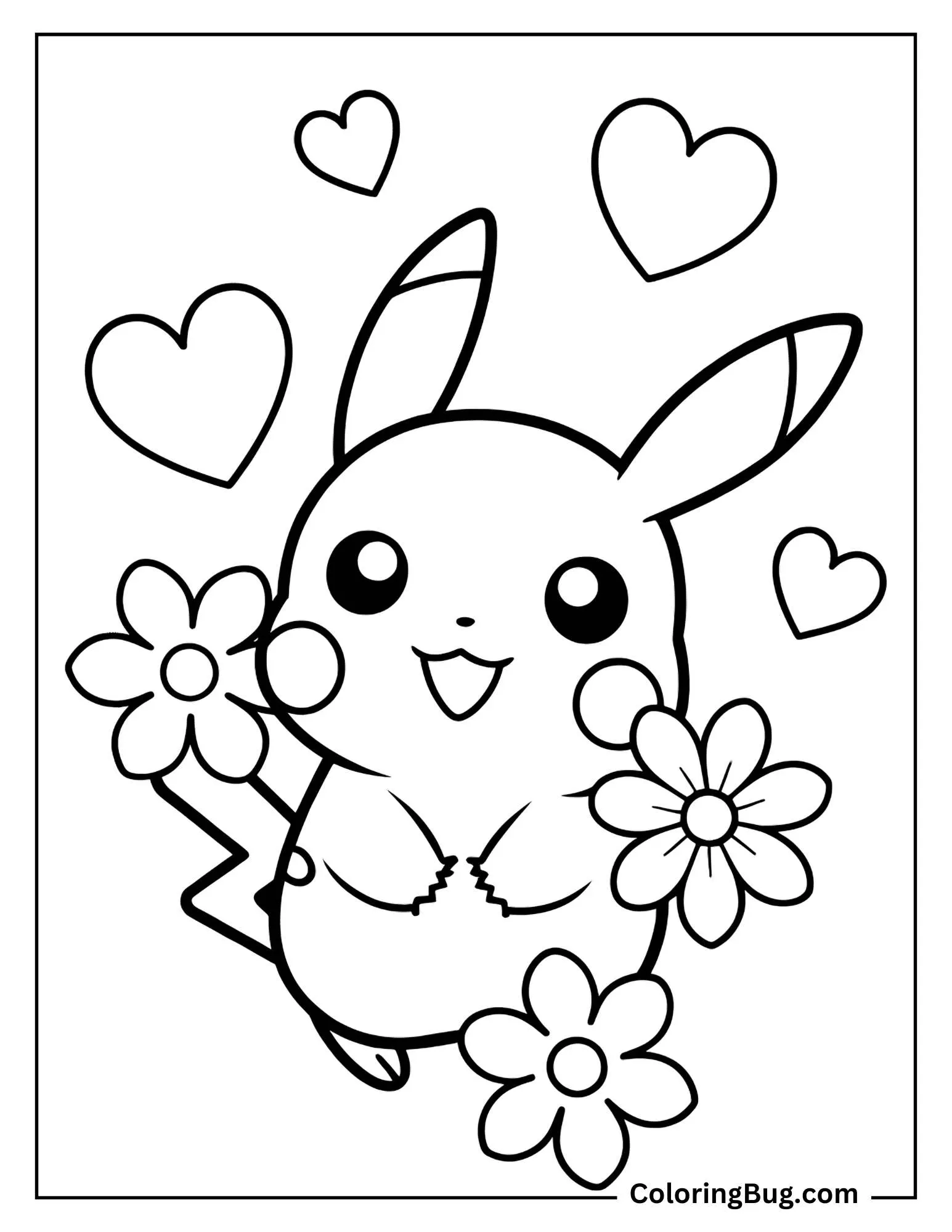 Pikachu Surrounded By Hearts And Flowers Coloring Sheet