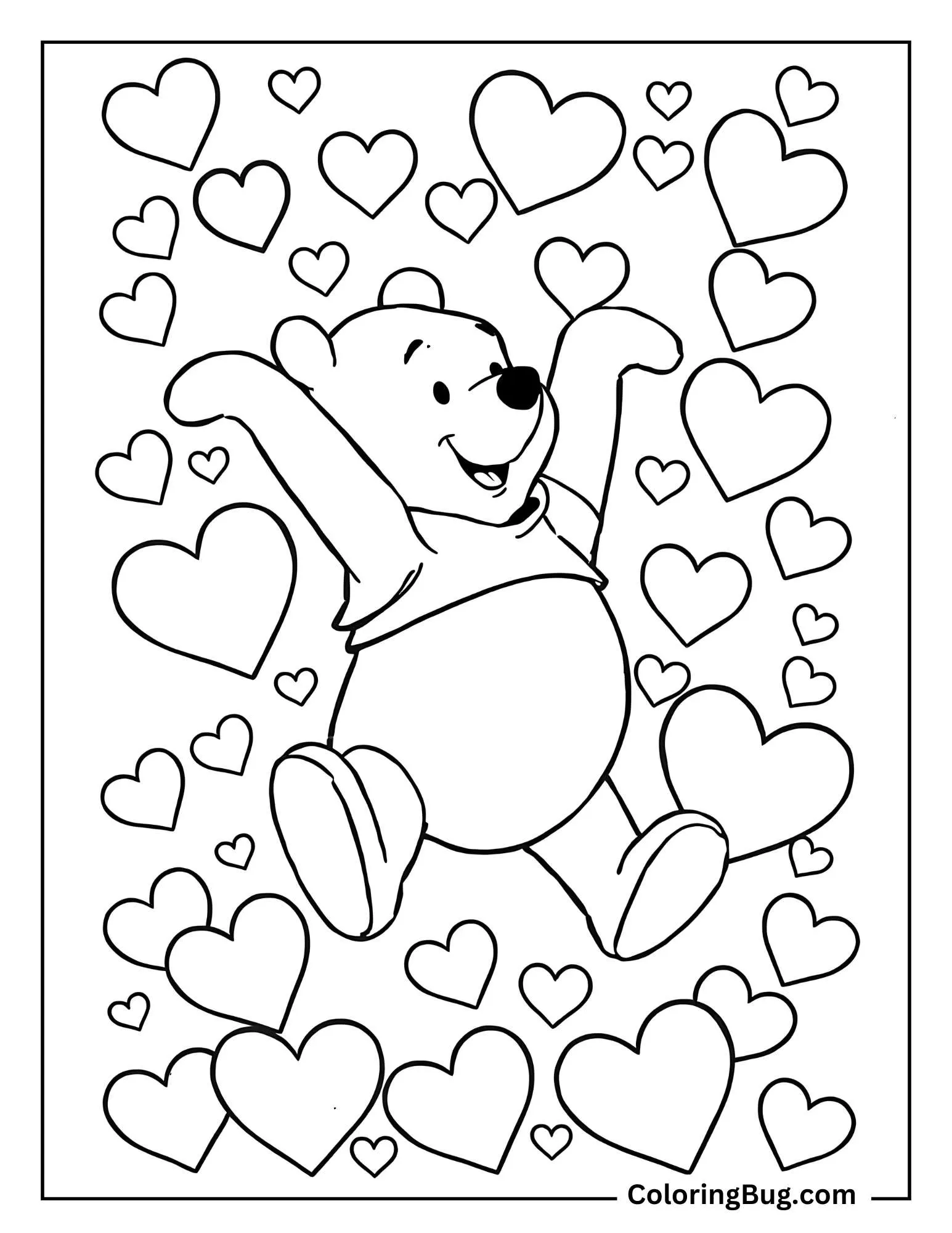 Pooh Bouncing Around In a Sea Of Hearts Coloring Sheet
