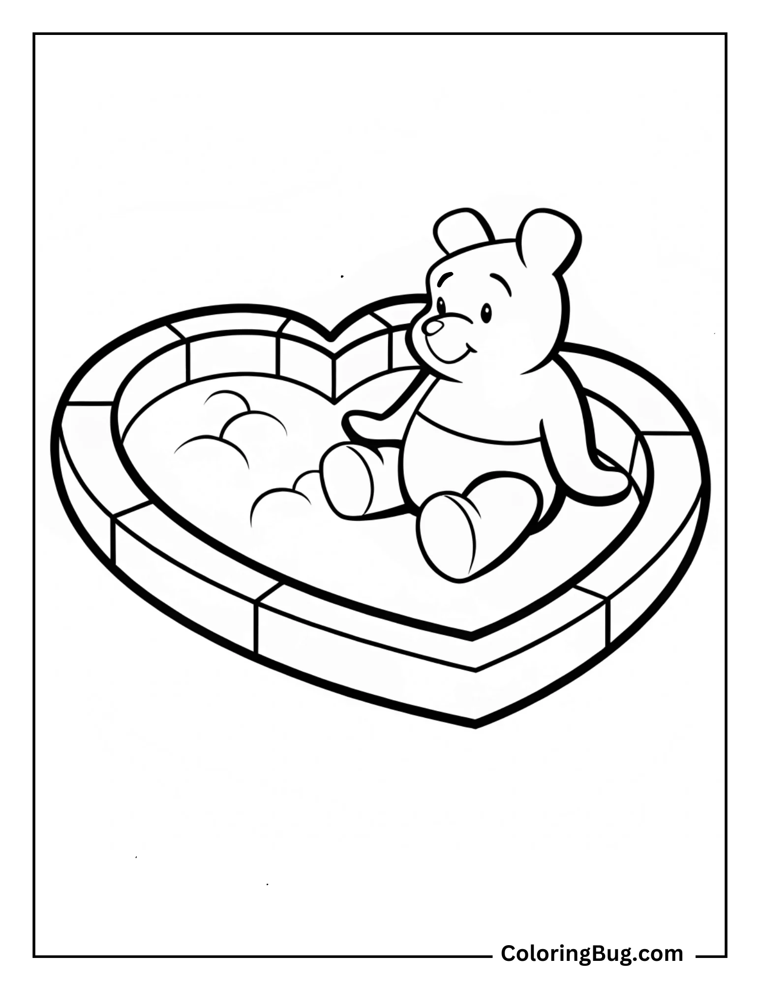Pooh Sitting In Heart Shape Pool Coloring Sheet