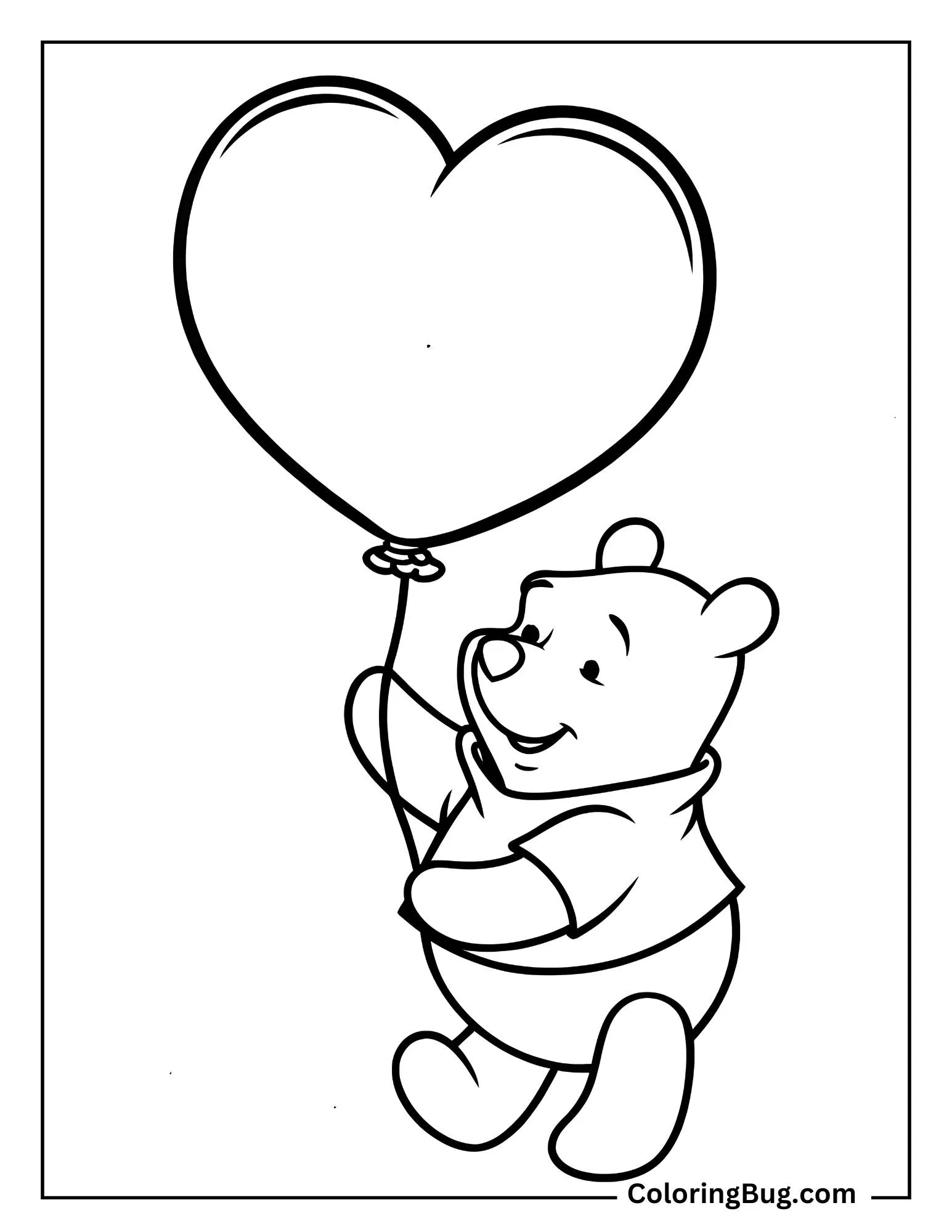 Pooh With a Huge Valentine Balloon Above Hi Head Coloring Sheet
