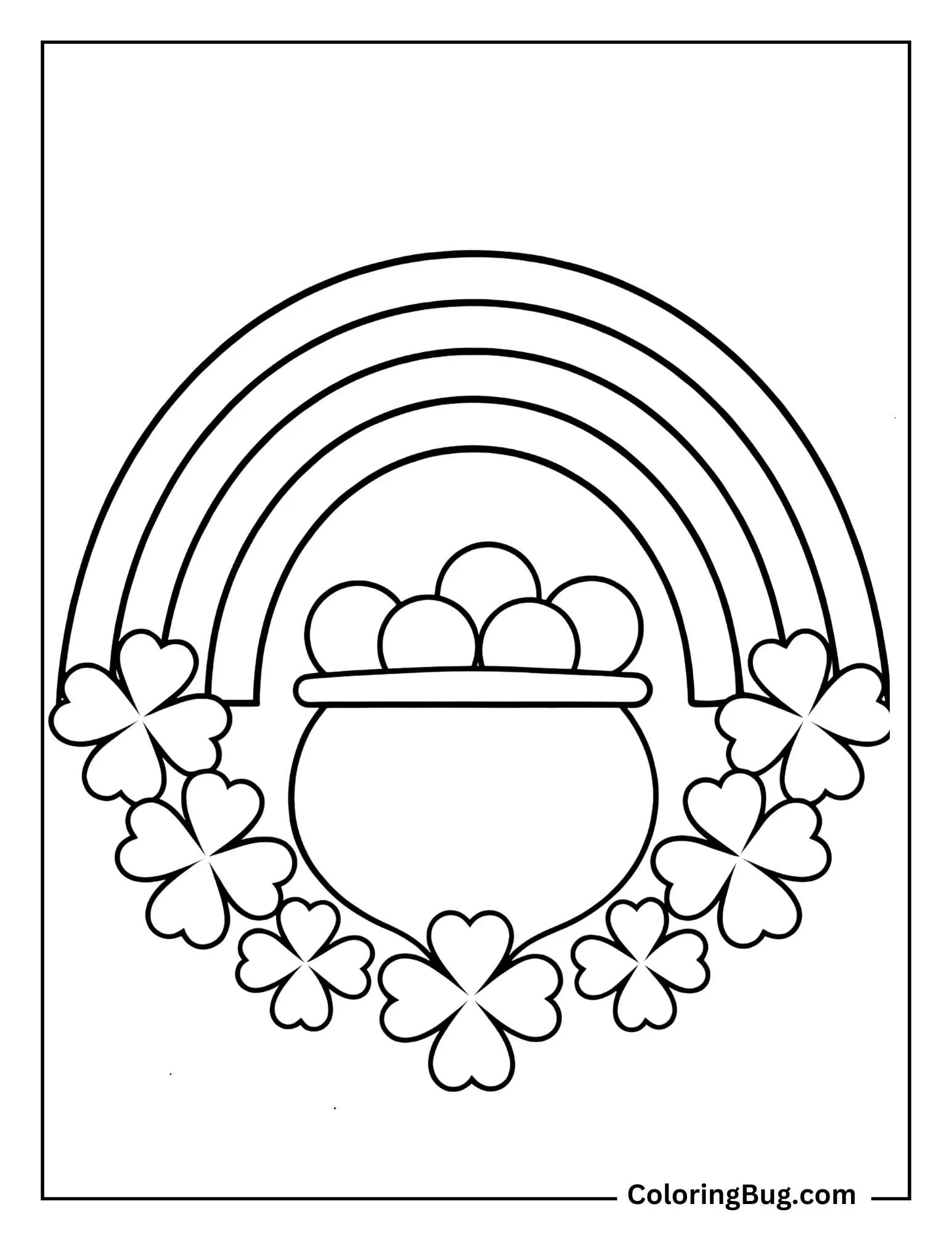 Pot Of Gold With Border Of Shamrocks And Rainbow Above Coloring Sheet