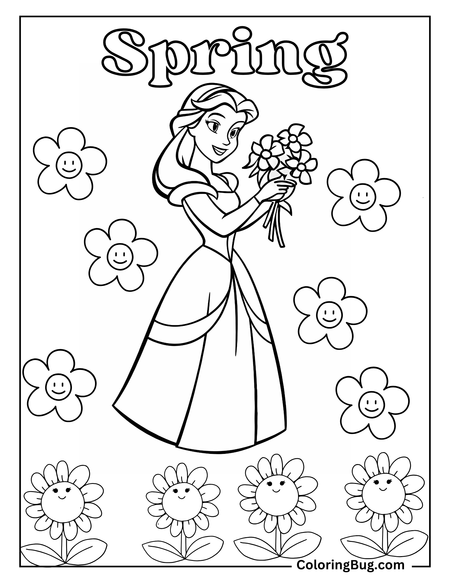 Princess Belle Holding Spring Flowers Coloring sheet