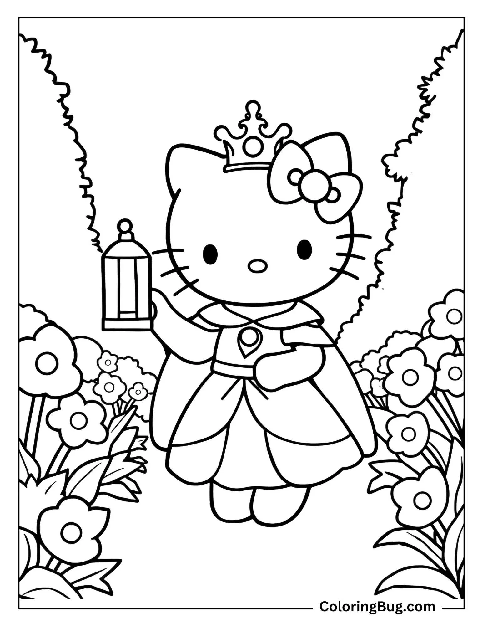 Princess Hello Kitty Holding Lantern Passing Through Garden Coloring Sheet