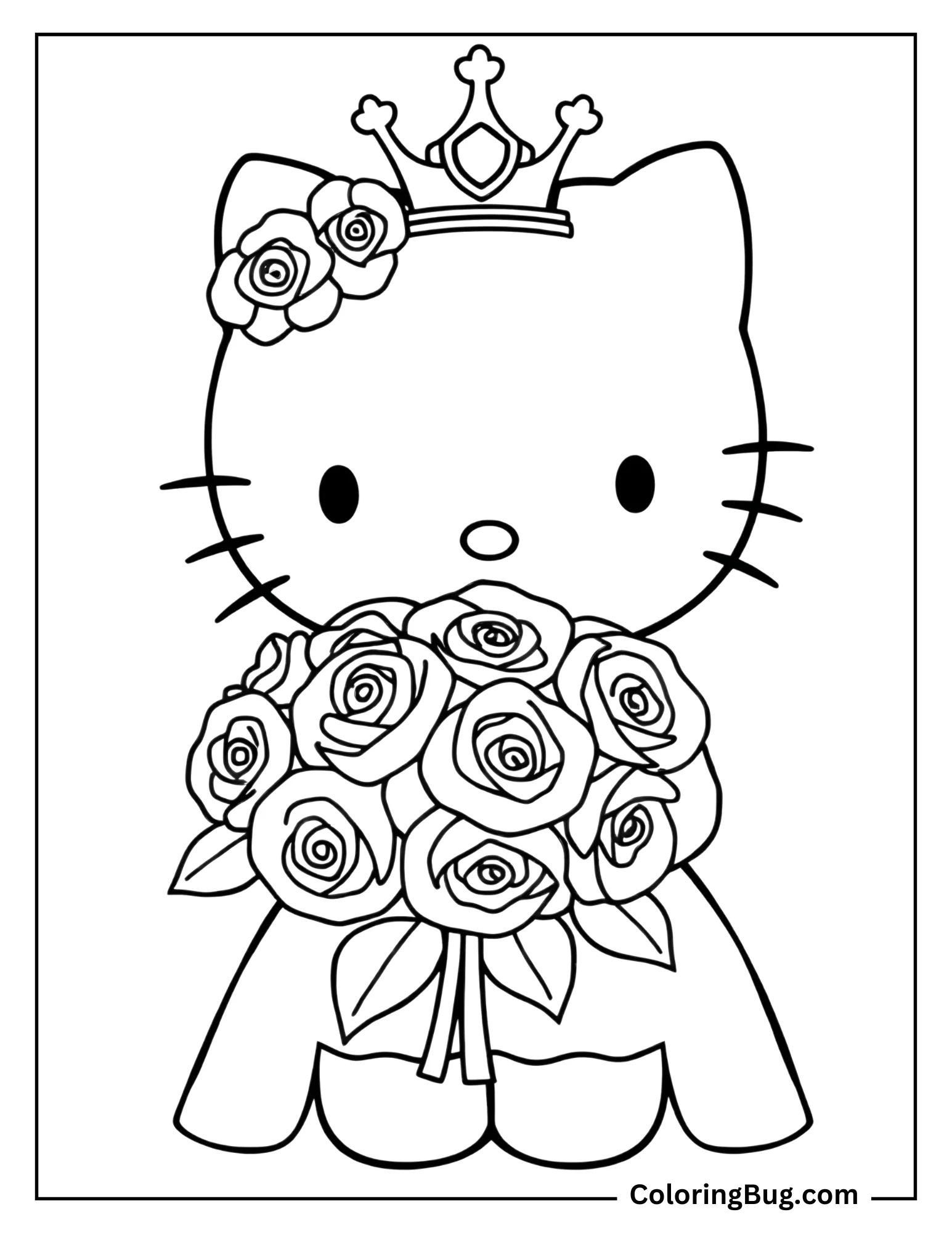 Princess Hello Kitty Holding Roses Coloring Sheet