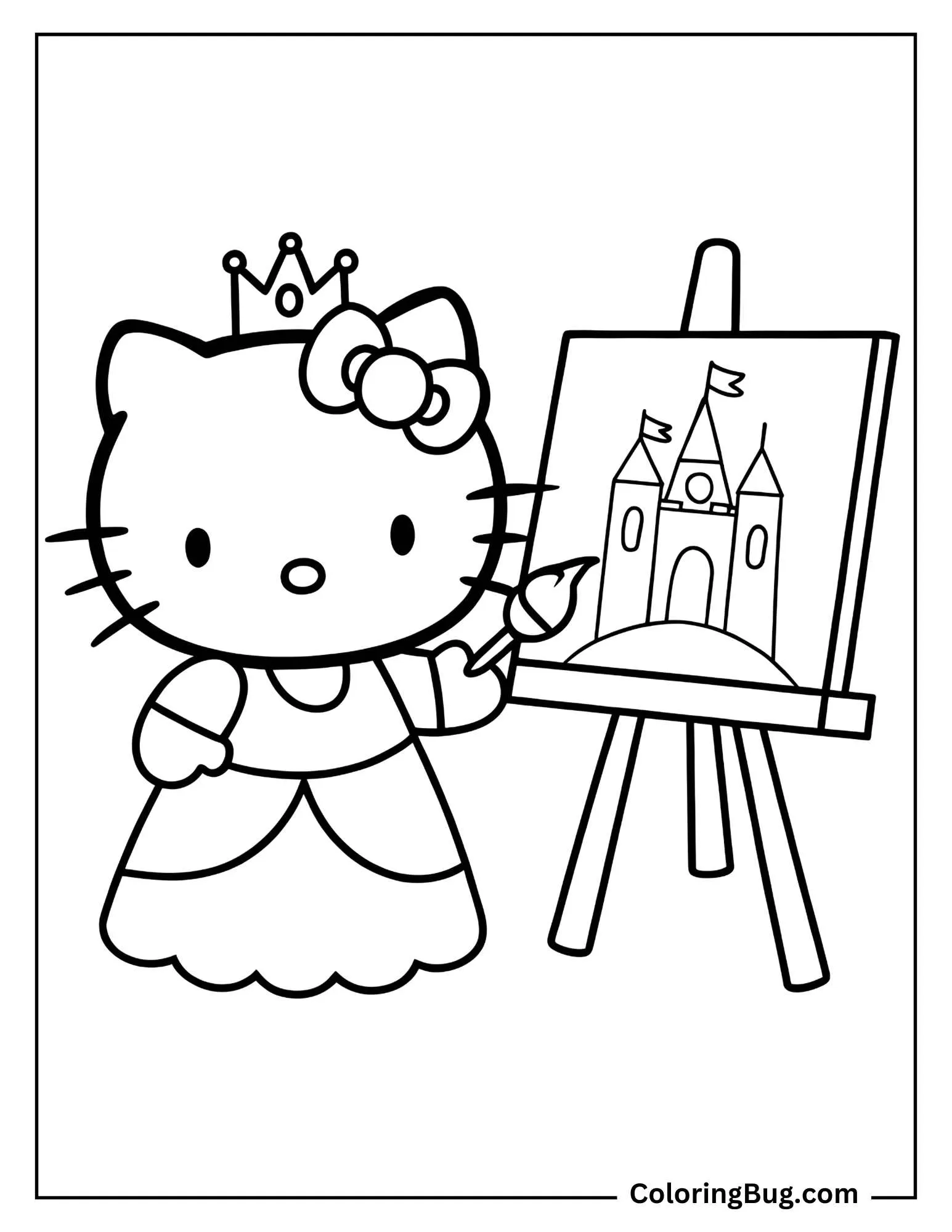 Princess Hello Kitty Painting a Picture of Castle Coloring Sheet