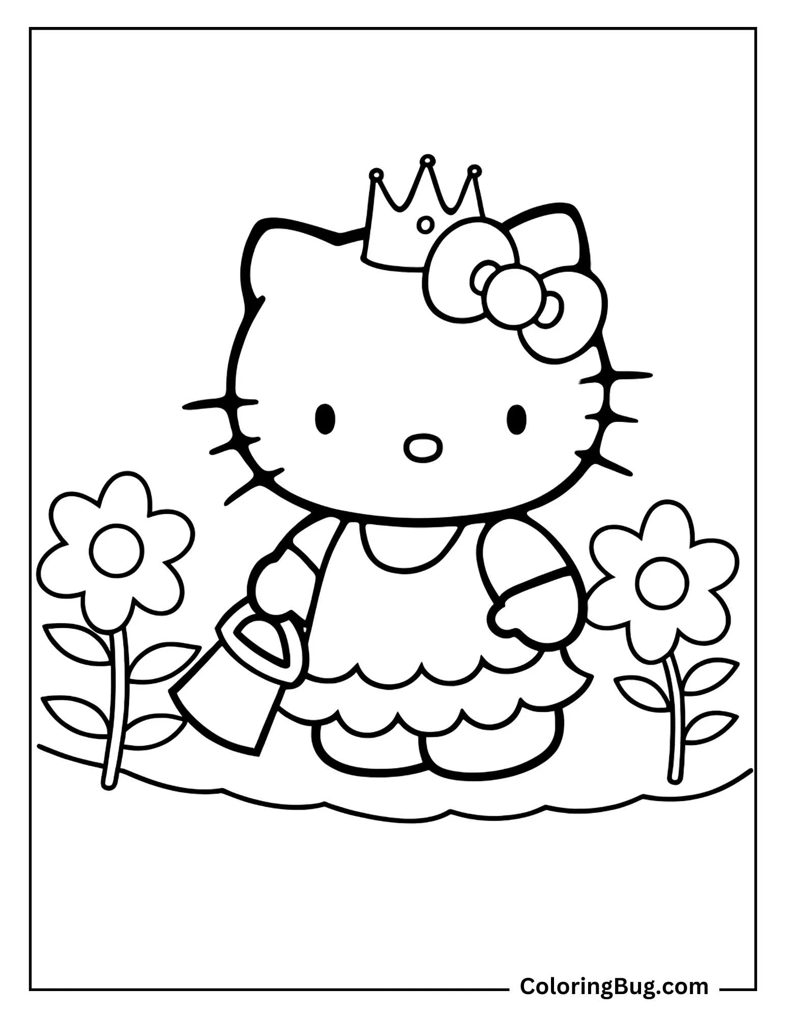 Princess Hello Kitty Panting a Flowers Coloring Sheet