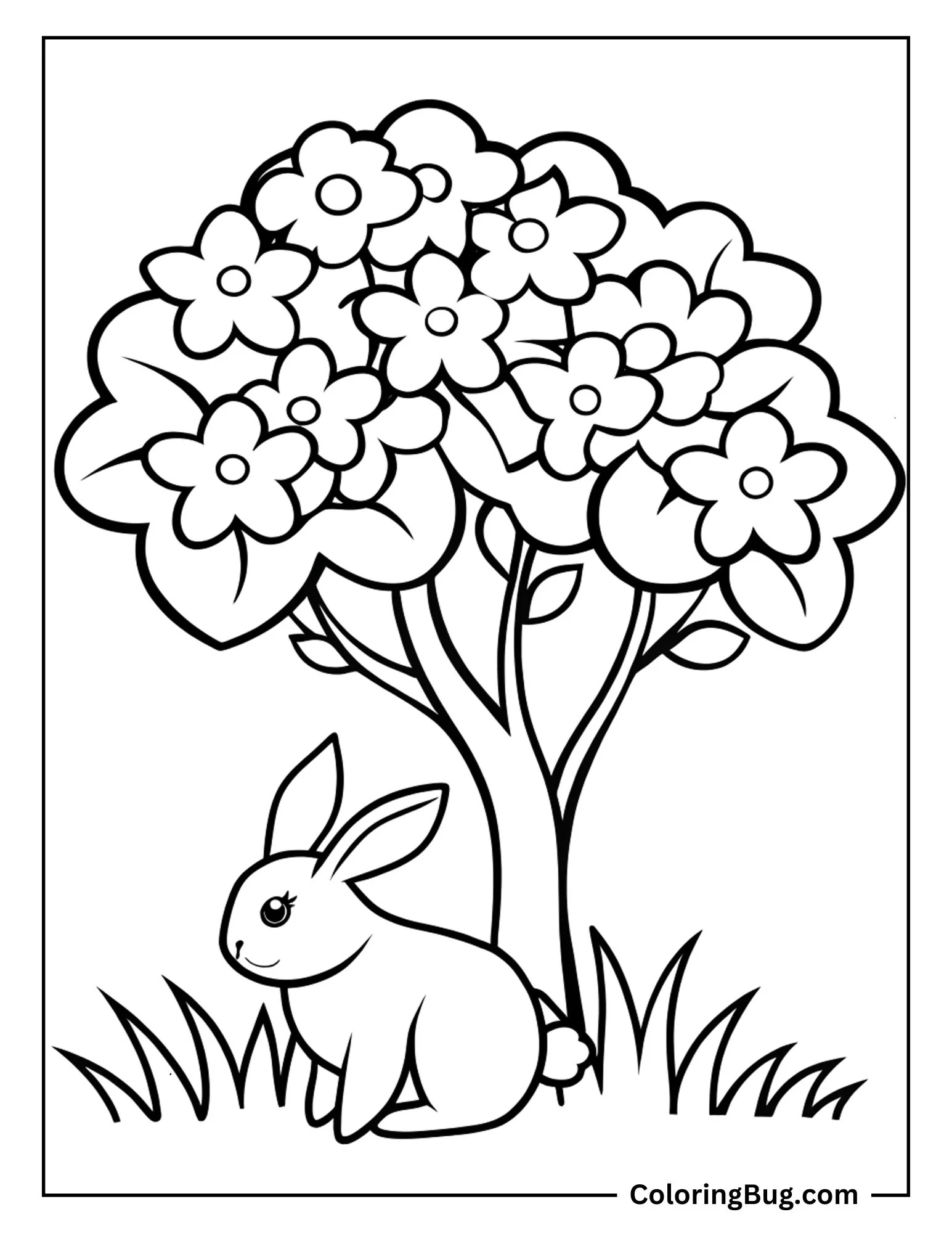 Rabbit Sitting Under Flowers Tree Coloring Sheet