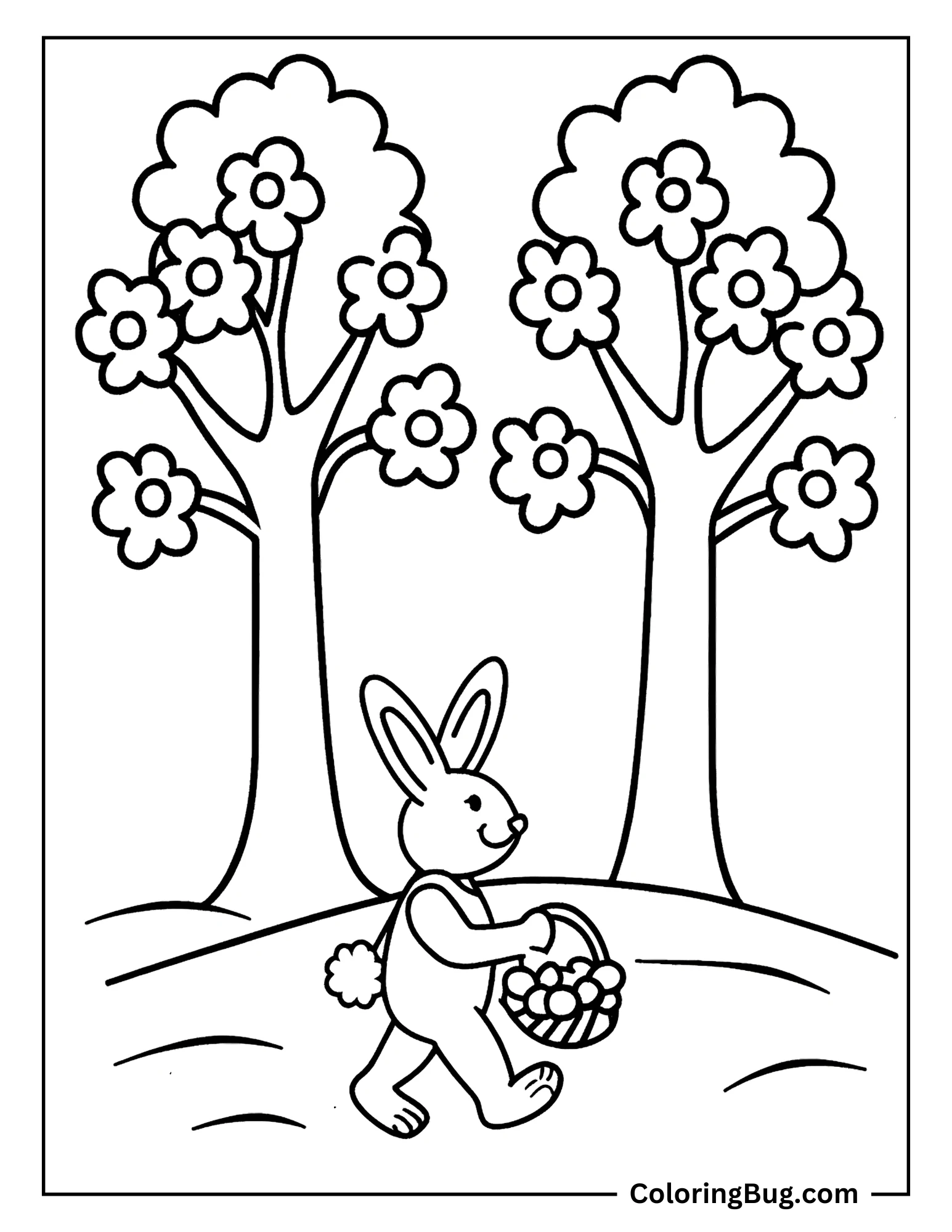 Rabbit Walking With Cherry Blossom Tree Coloring Sheet