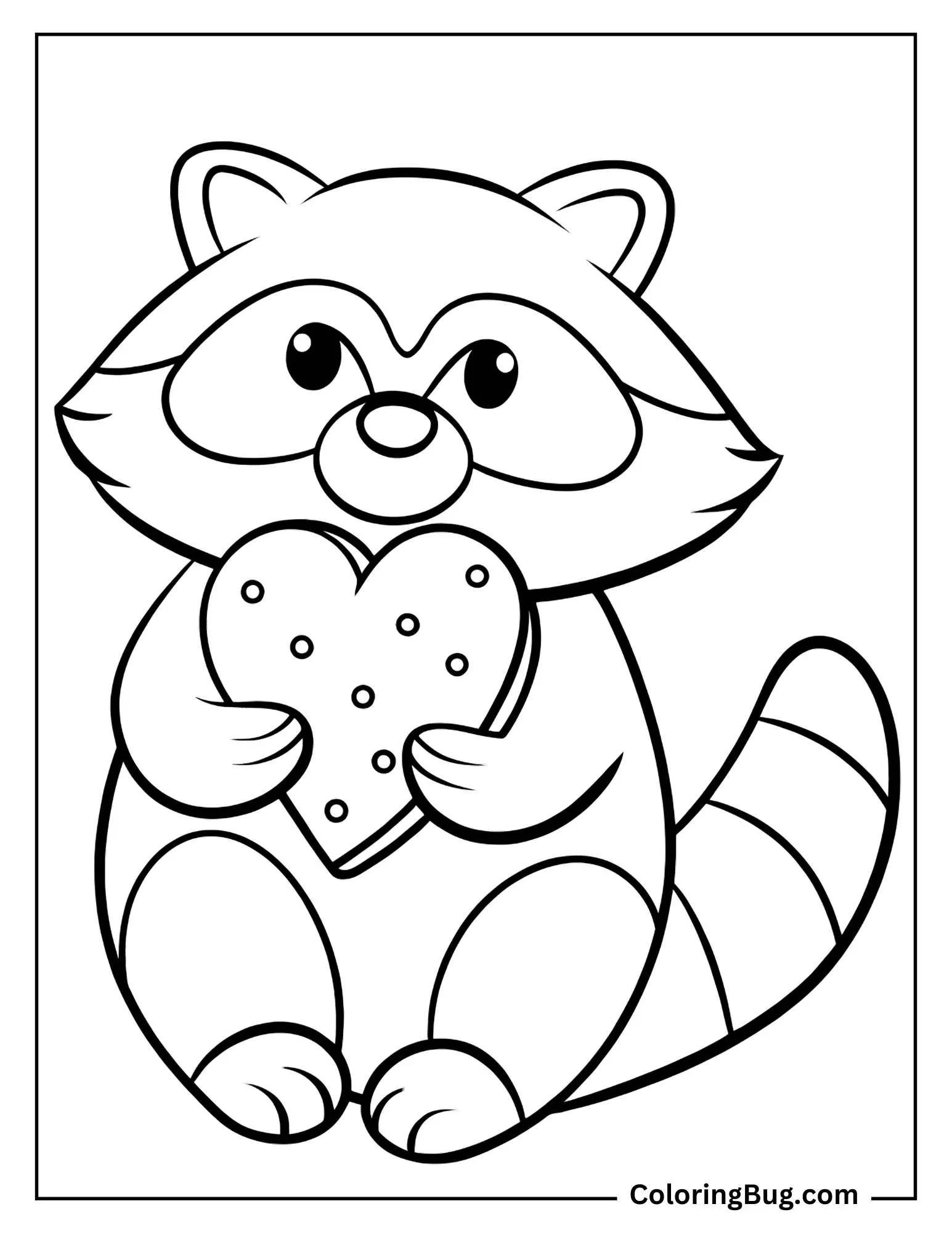 Raccoon Holding Heart Cookie Coloring Sheet