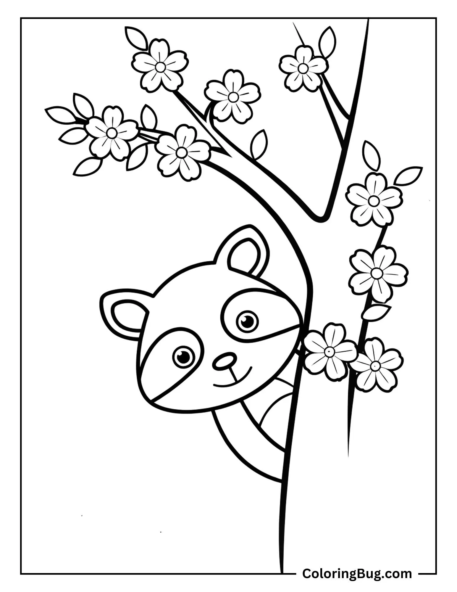 Raccoon Peeking Out of Blossom Tree Coloring Sheet