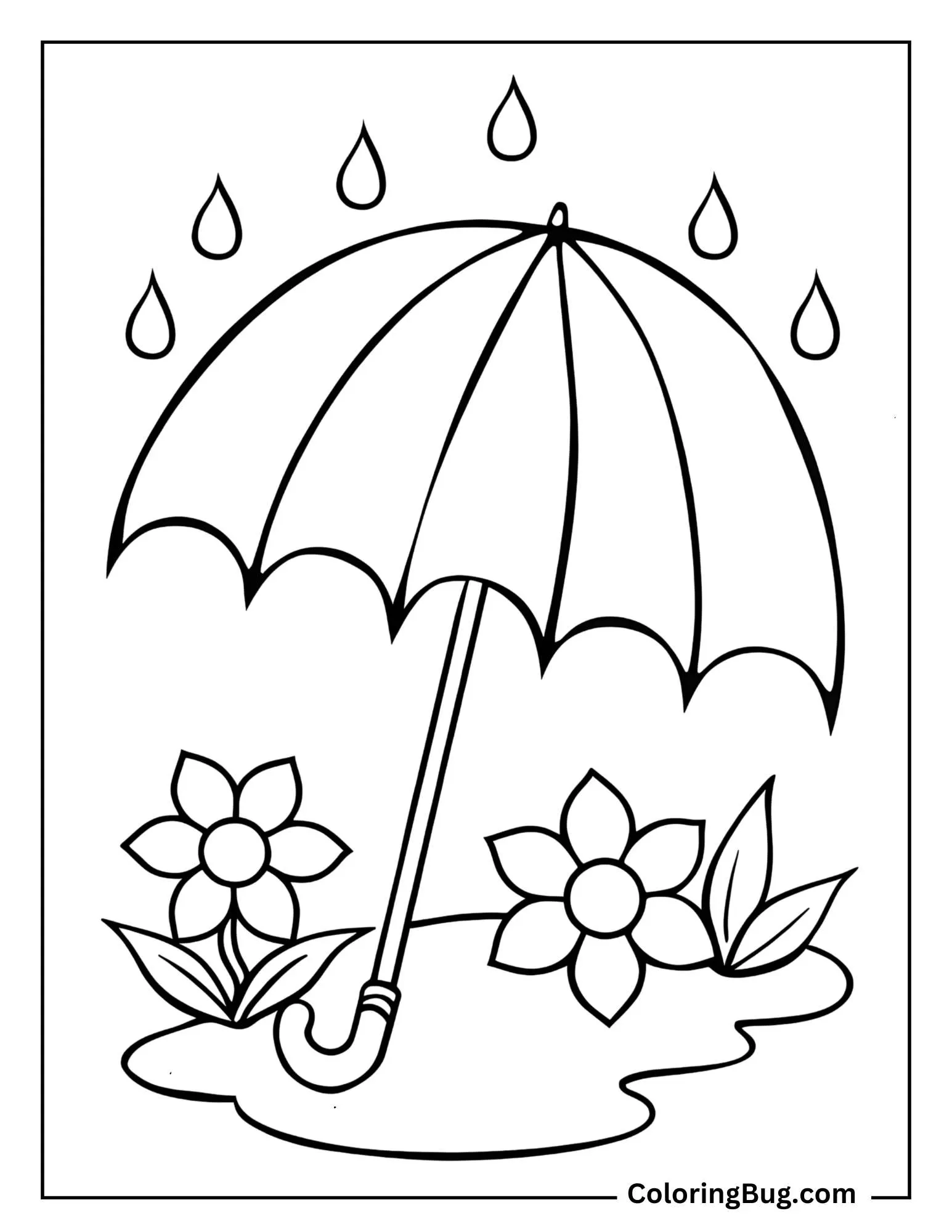 Rainbow Umbrella Surrounded By Puddles And Flowers Coloring Sheet