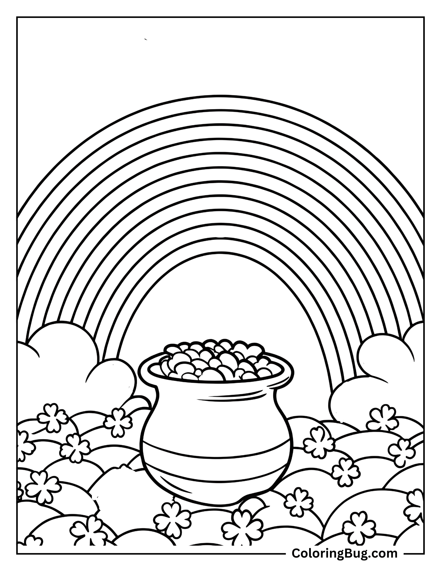 Rainbow in Clovers Field With Gold Pot Coloring Sheet 