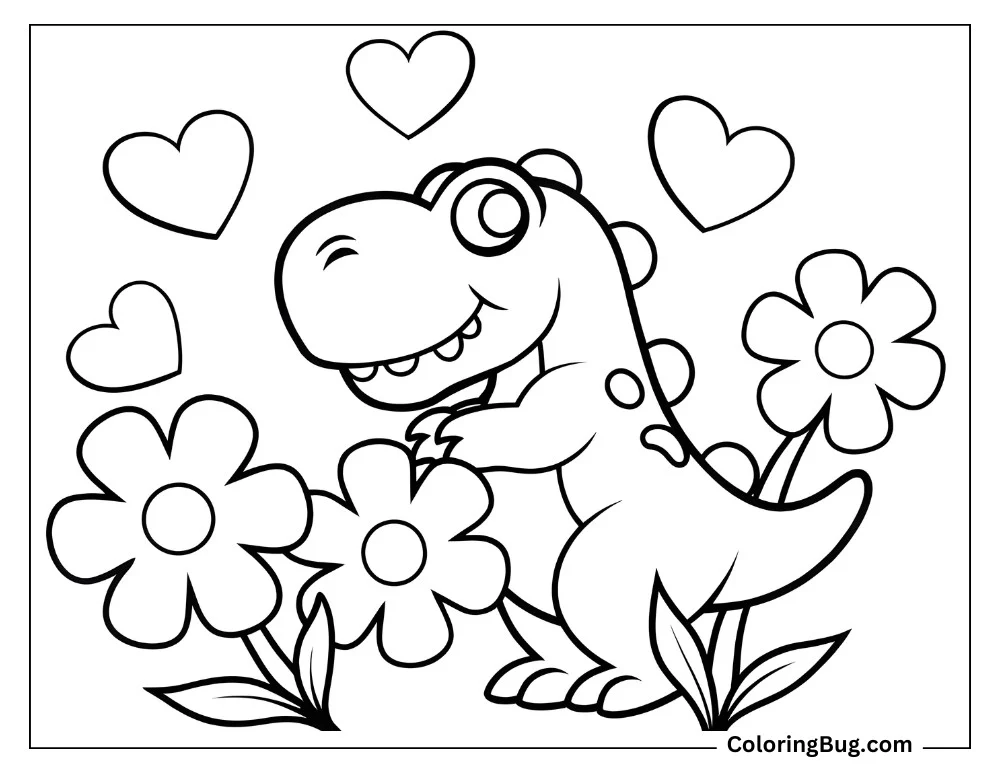 Happy T-Rex with flowers and hearts coloring sheet