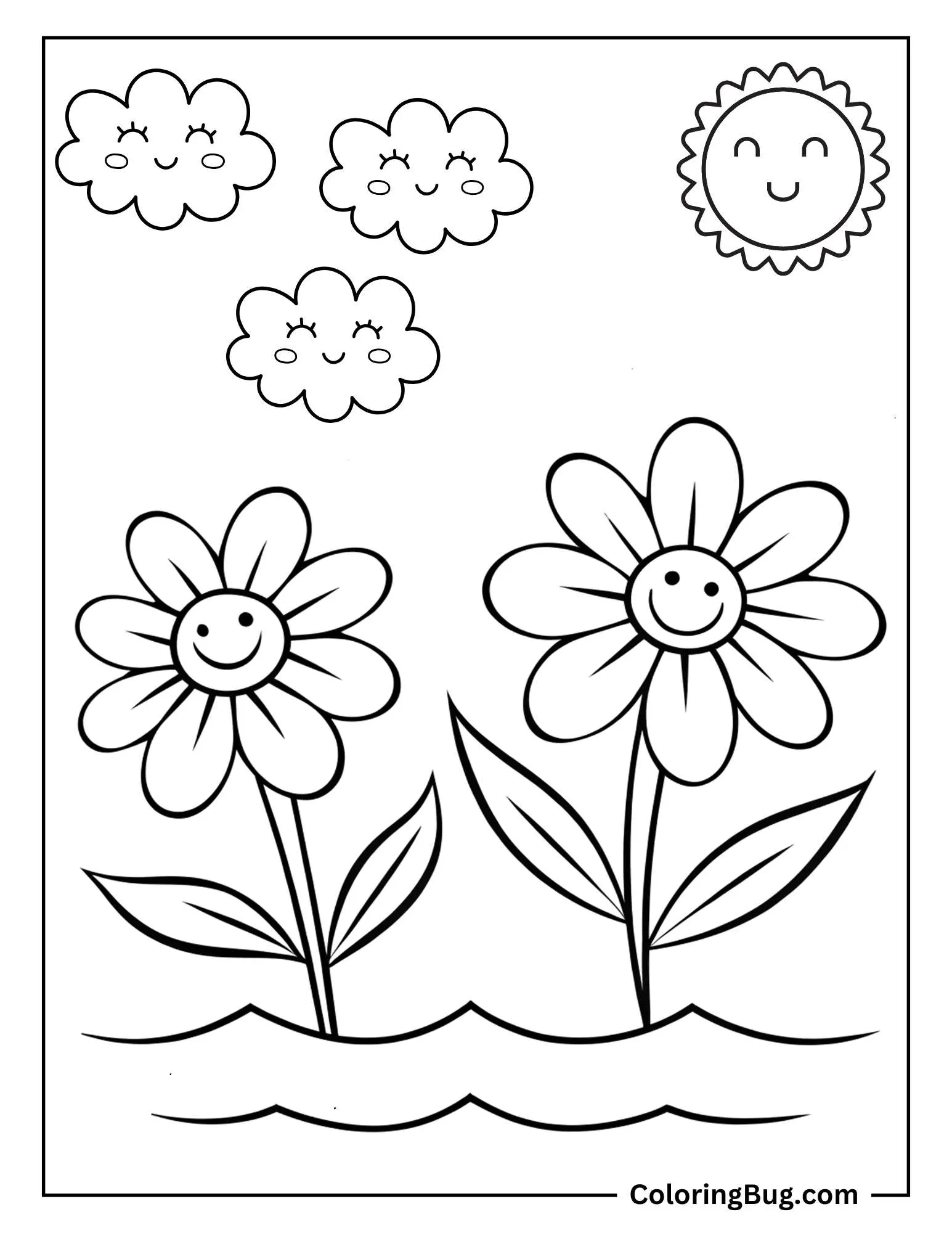 Smiling Flowers Blooming Under Clouds And Sun Coloring Sheet