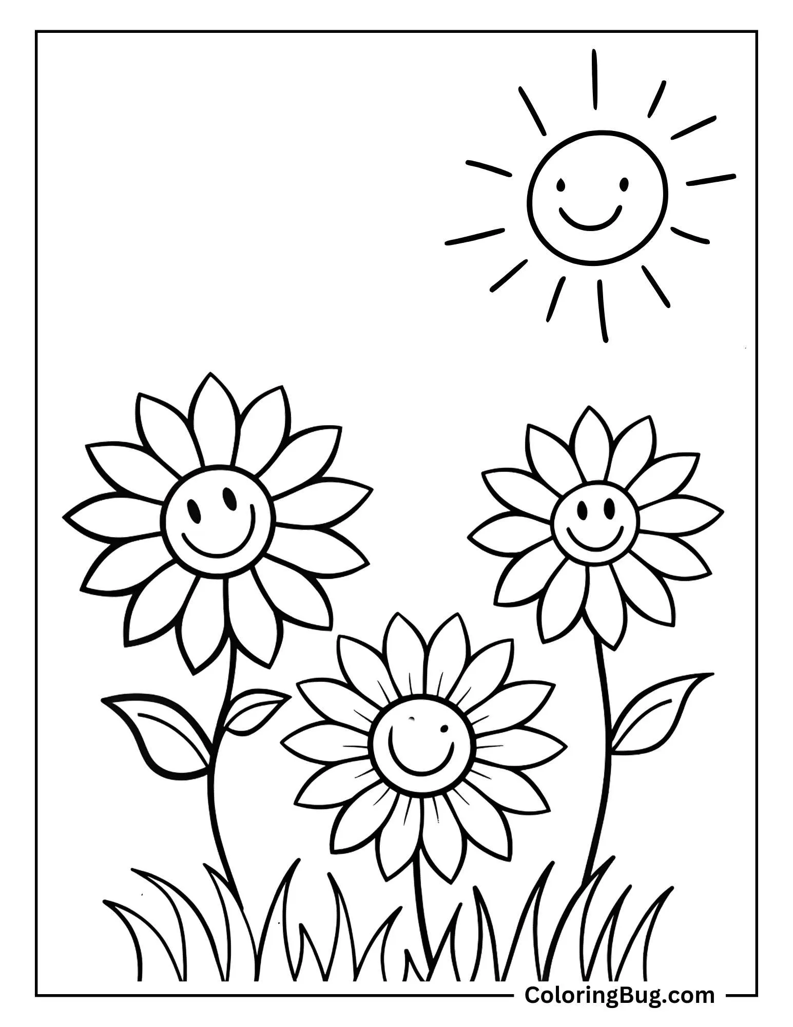 Smiling Flowers Blooming Under Spring Sun  Coloring Sheet
