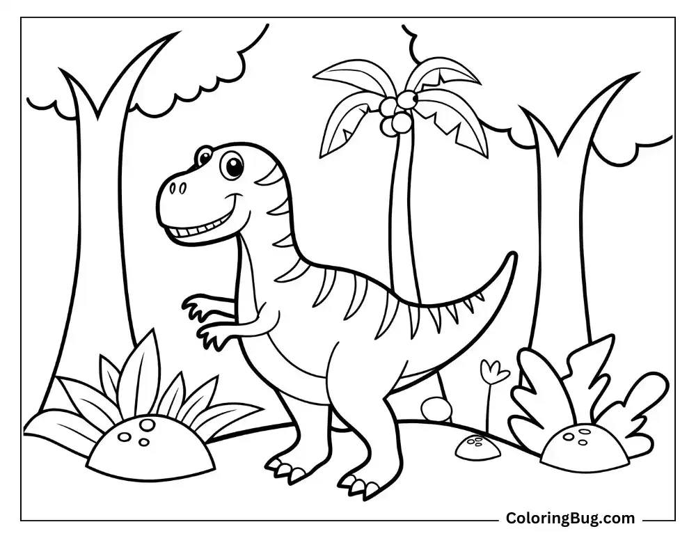 Smiling T-Rex in the jungle coloring sheet