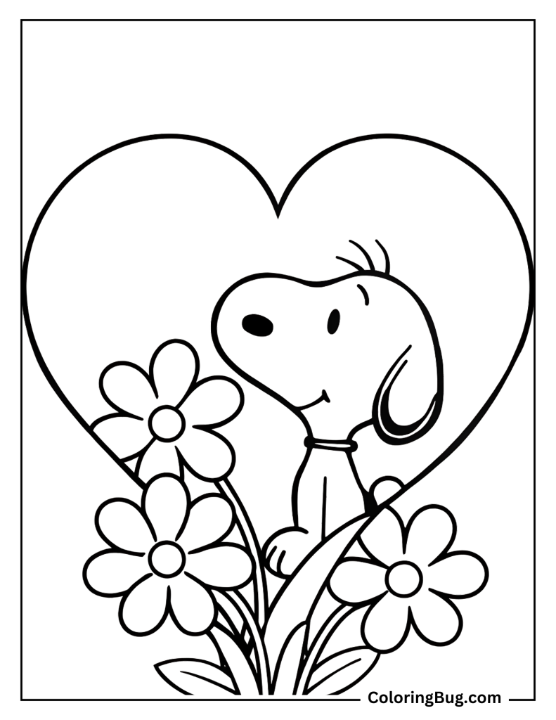 20 Snoopy Valentines Coloring Pages - Snoopy Dog With In Heart With Flowers Coloring Sheet 791x1024 