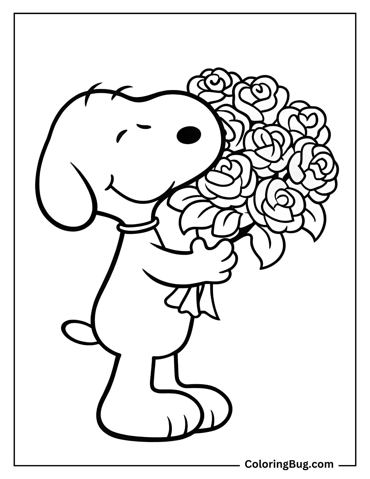 Snoopy Holding Big Roses Bouquet Coloring Sheet