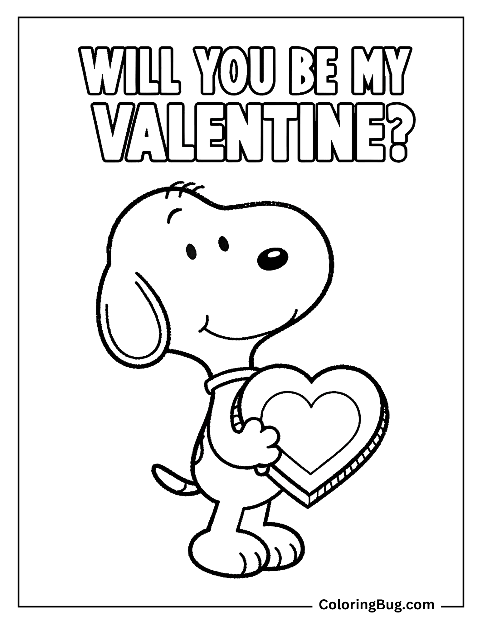 Snoopy With Will You Be My Valentine? Text Coloring Sheet