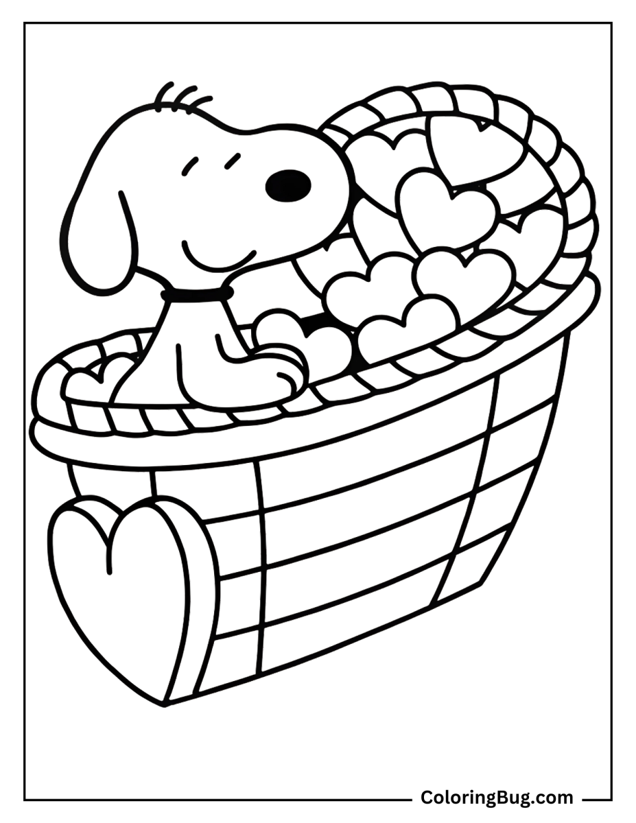 20 Snoopy Valentines Coloring Pages - Snoopy In Basket With Hearts Coloring Sheet 927x1200 