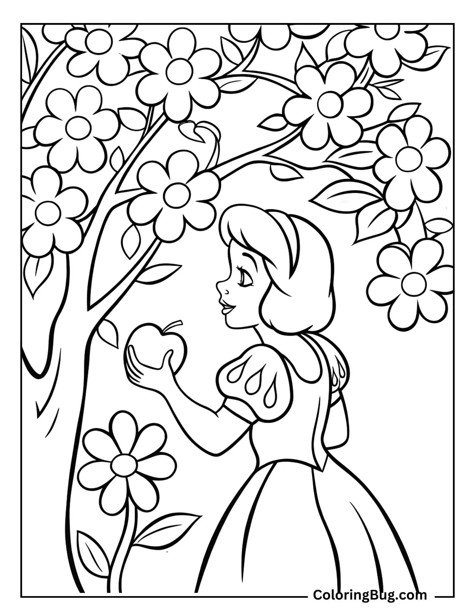 Snow White Holding apple Standing Under Flower Blooming Tree Coloring sheet