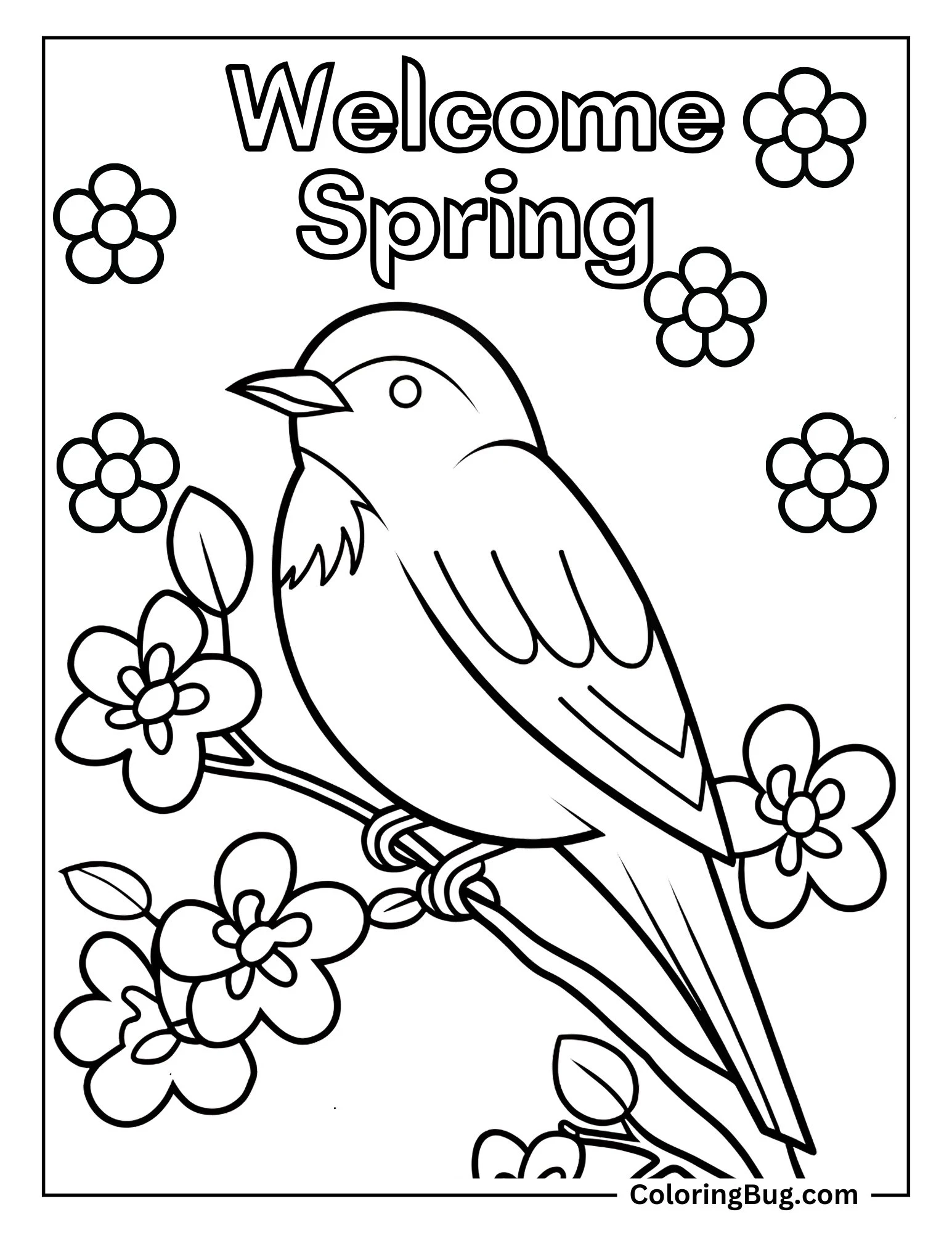 Spring Bird on Tree With welcome Spring Coloring Sheet