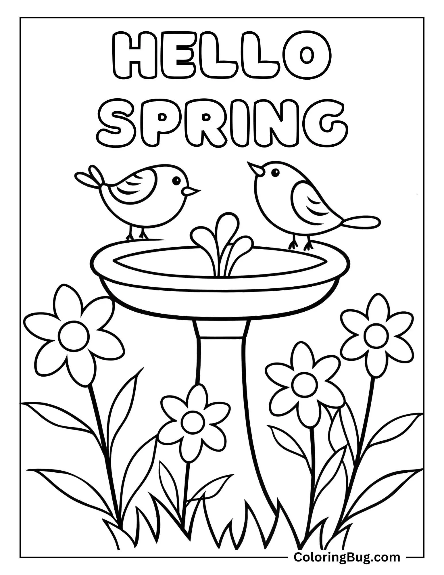 Spring Garden With Birdbath and Chirping Birds Coloring sheet