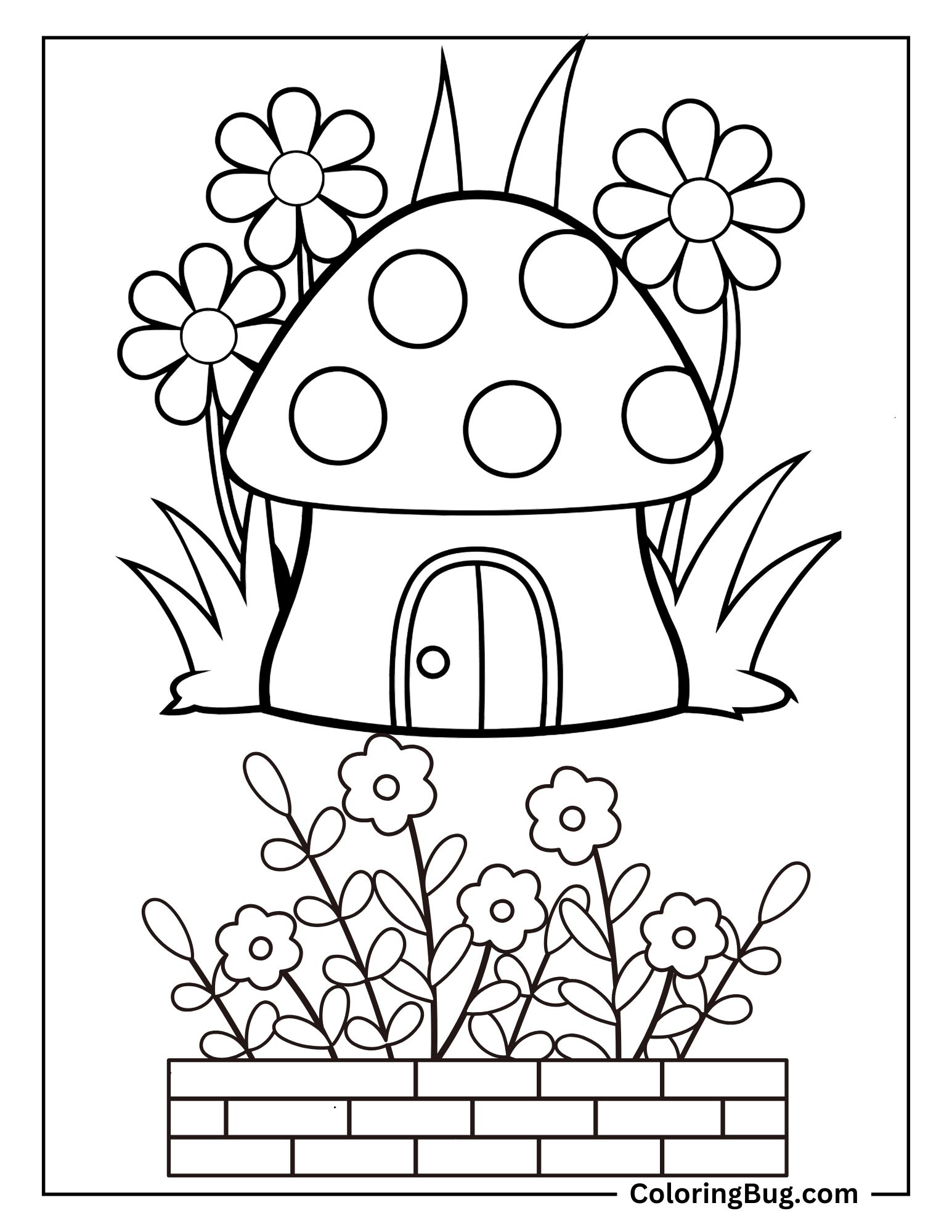 Spring Garden With Tiny Mushroom House And Garden Coloring sheet