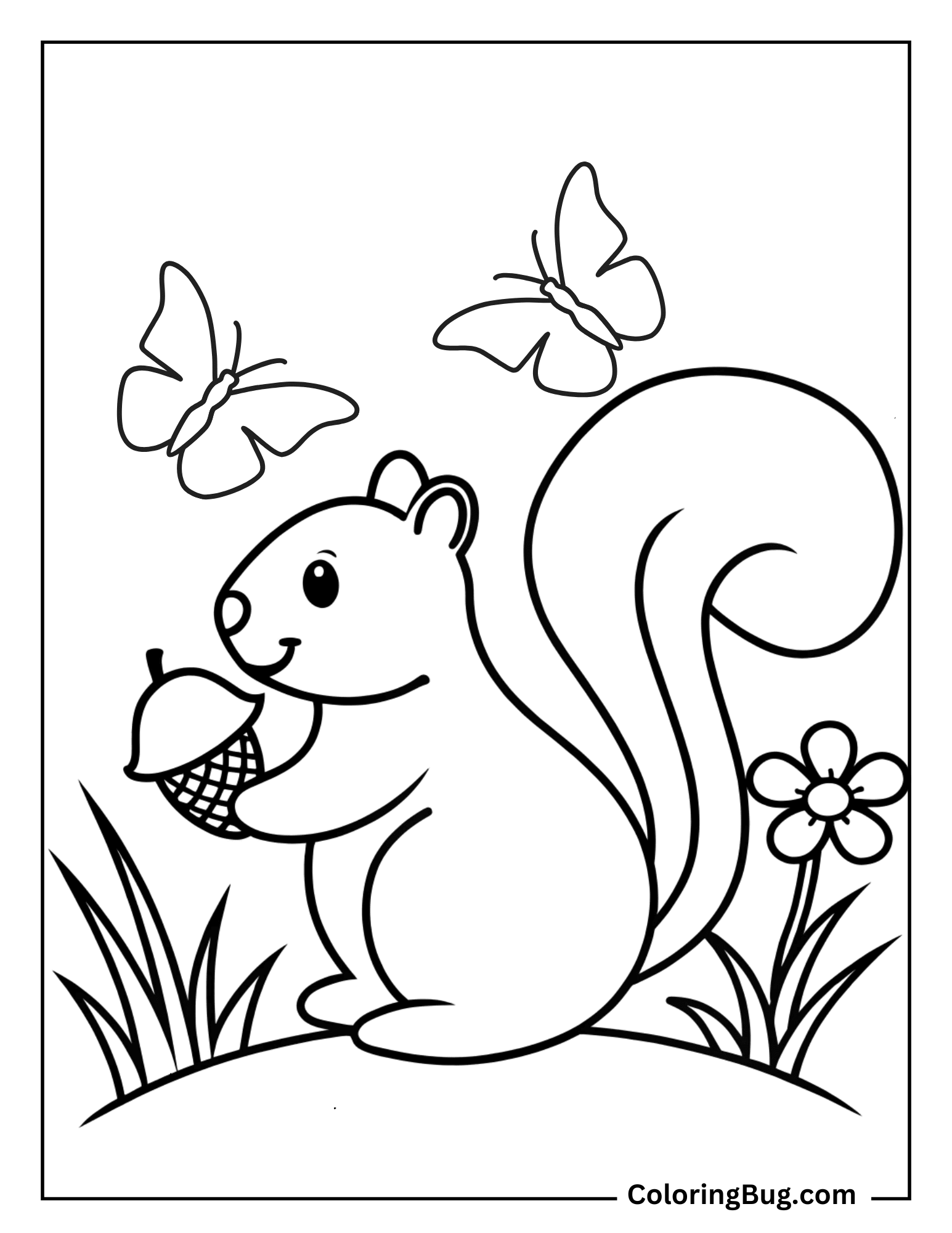 Squirrel With An Acorn Surrounded By Flowers Coloring Sheet