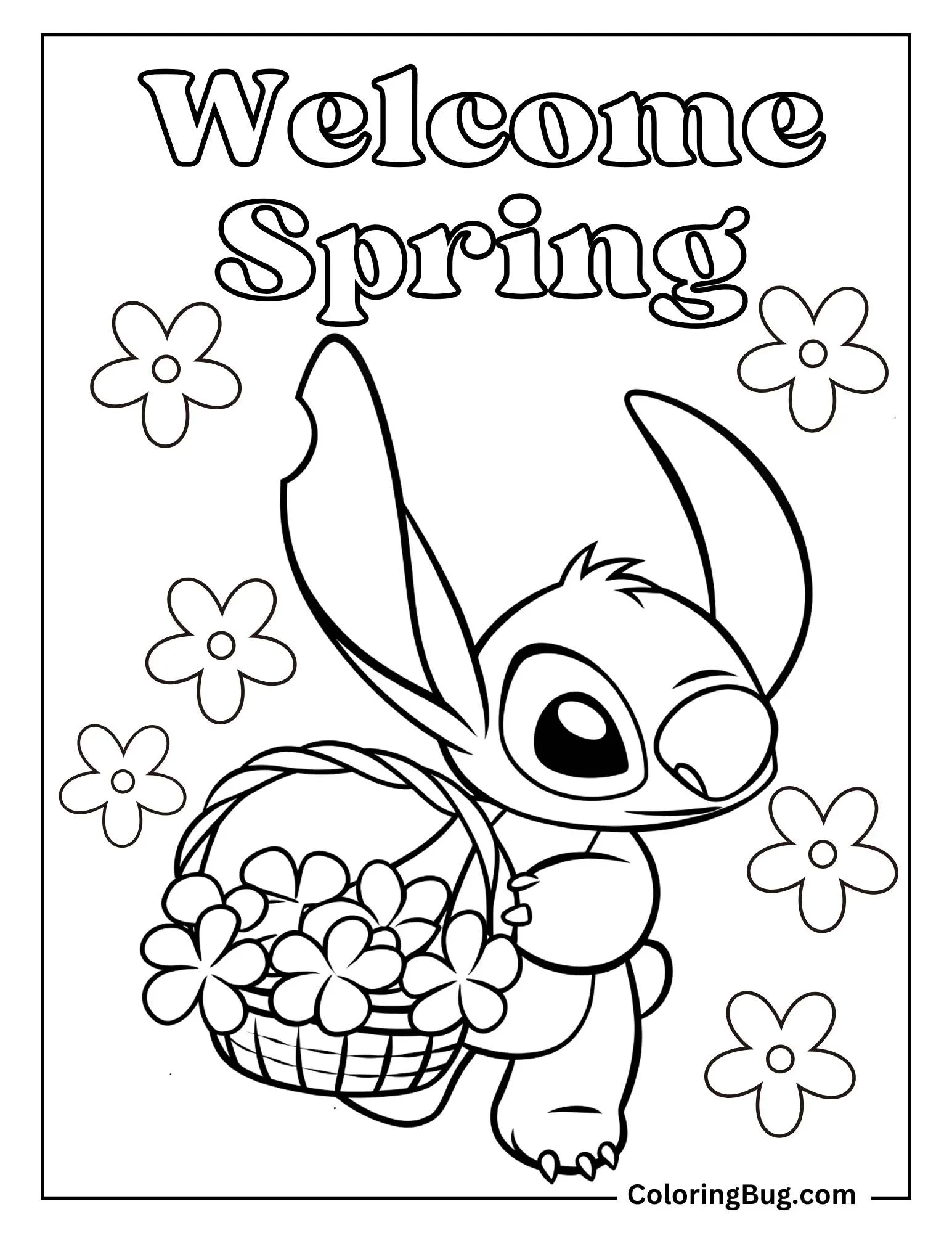 Stitch Holding Spring Flowers Basket Coloring sheet