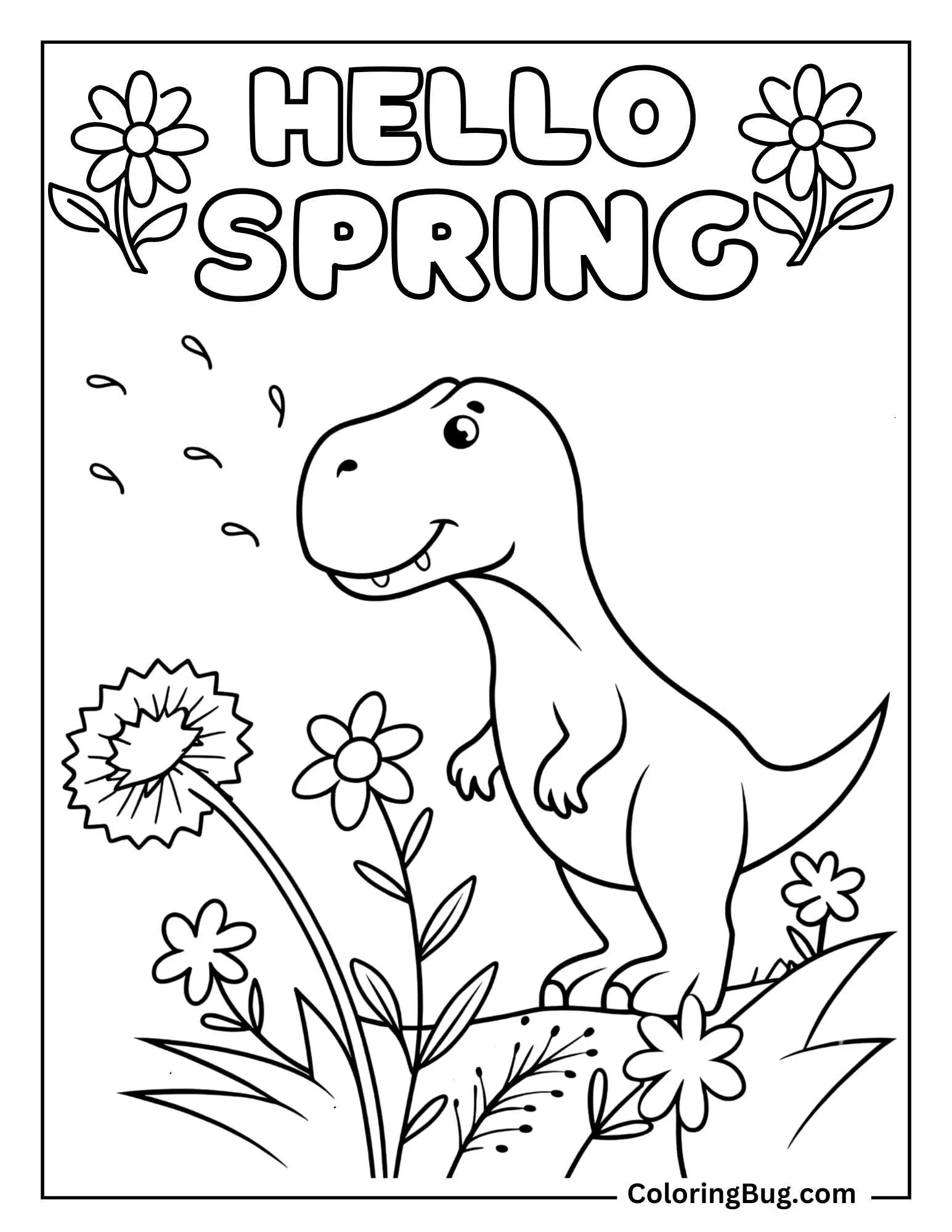 T-Rex Gently Blowing On a Dandelion Puff With Text Coloring Sheet