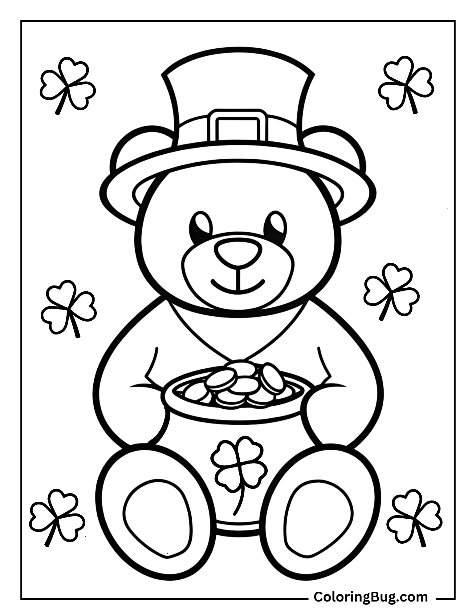 Teddy Bear Holding Pot Of Gold Coins Coloring Sheet