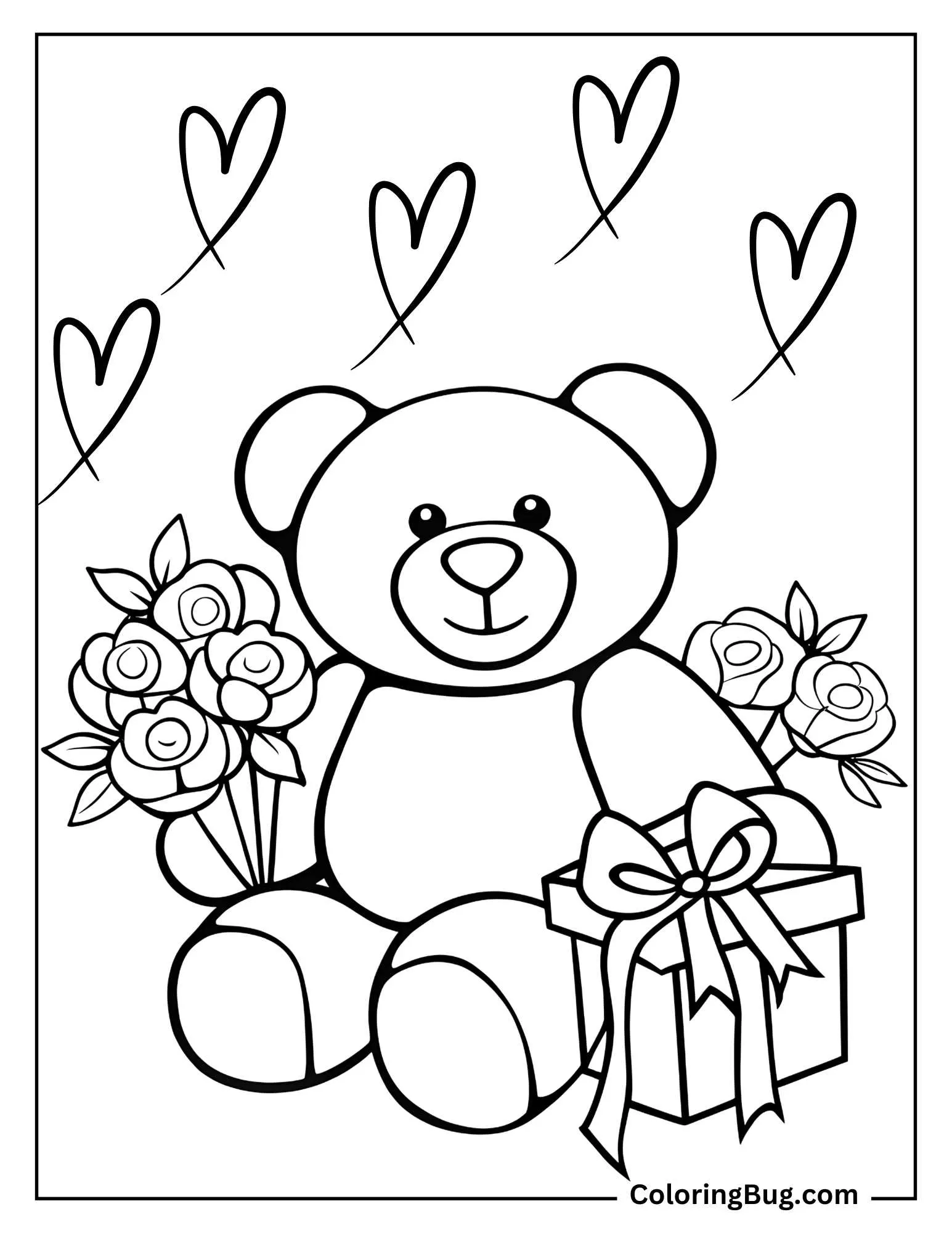 Teddy Bear Holding Valentine's Day Roses And Gift Coloring Sheet