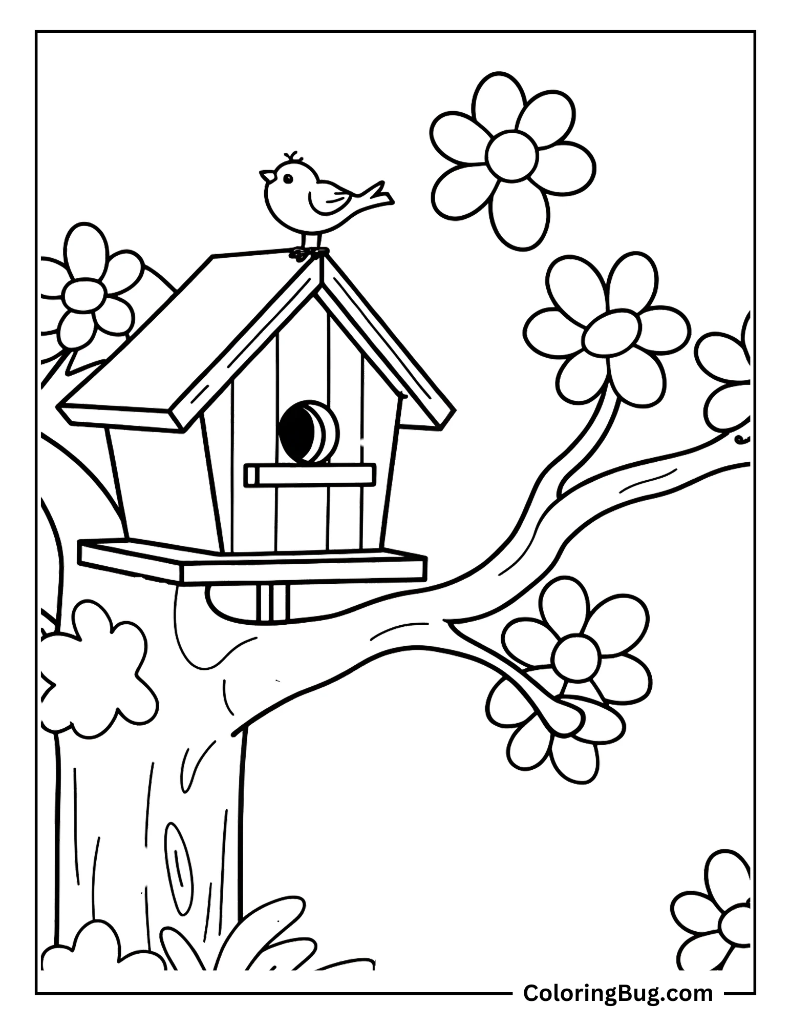 Tint Bird Sitting on Its House on Tree With Flowers Coloring Sheet