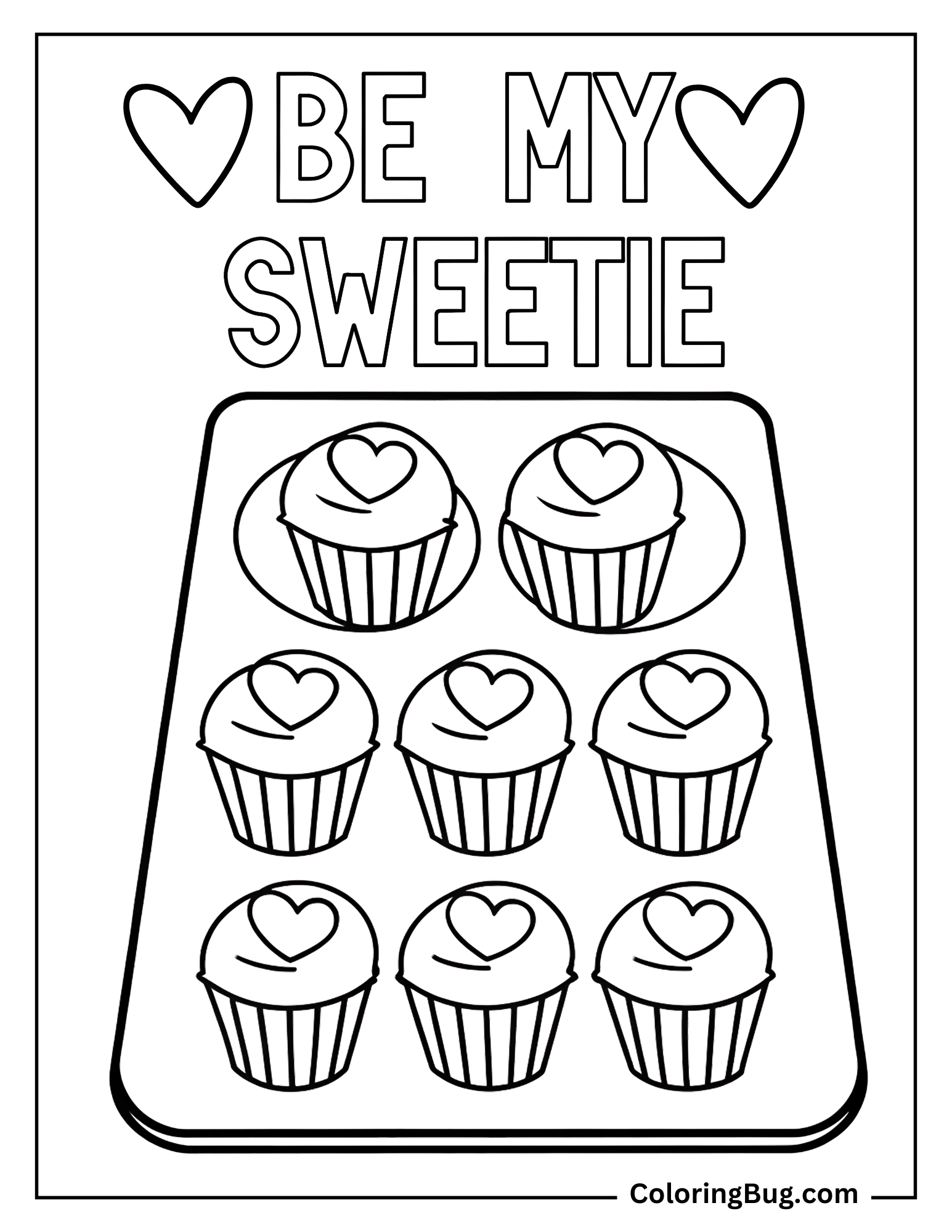 Tray of Valentine Cup-Cake With Be My Sweetie Text Coloring Sheet