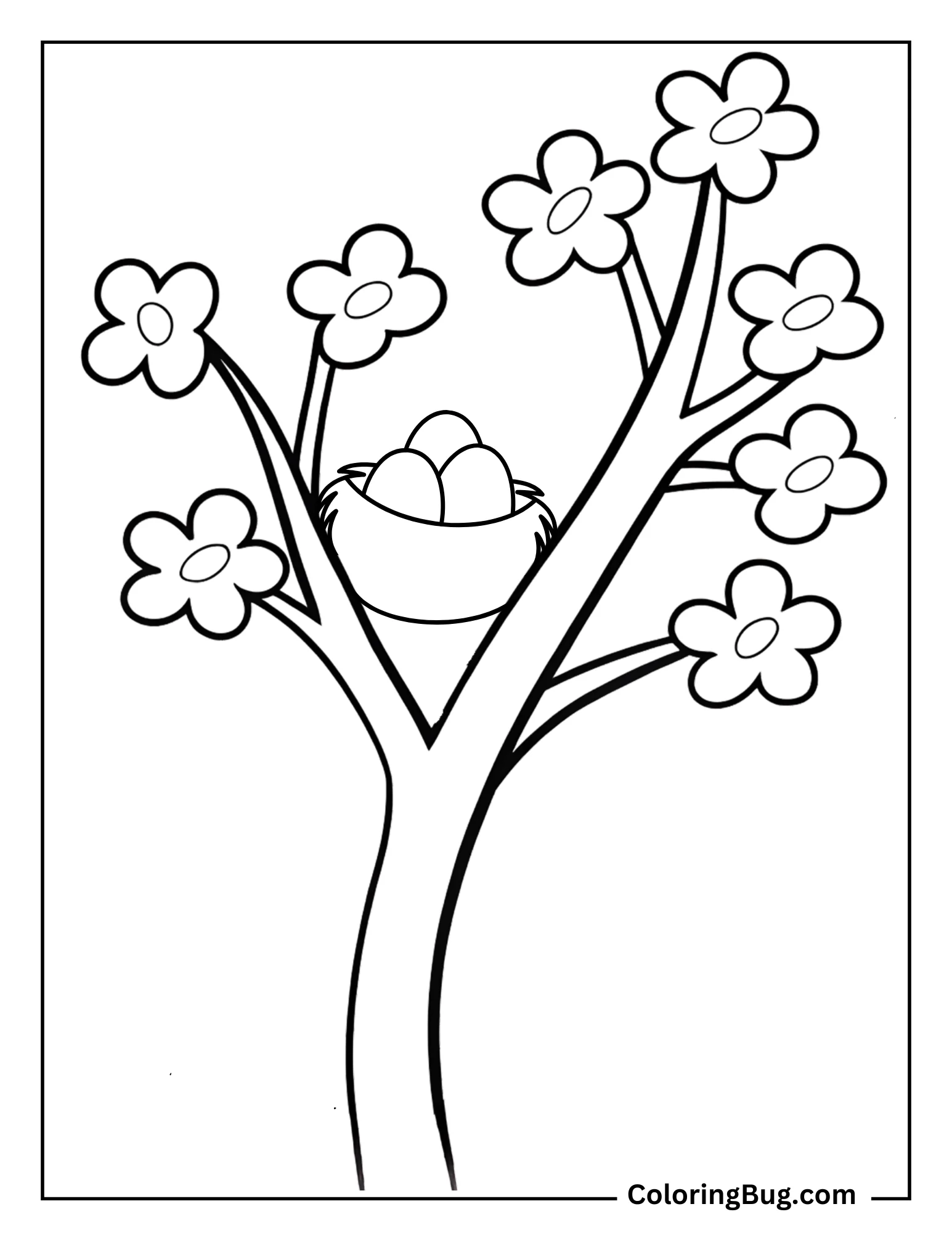 Tree With Blossoms And Bird Nest Coloring Sheet