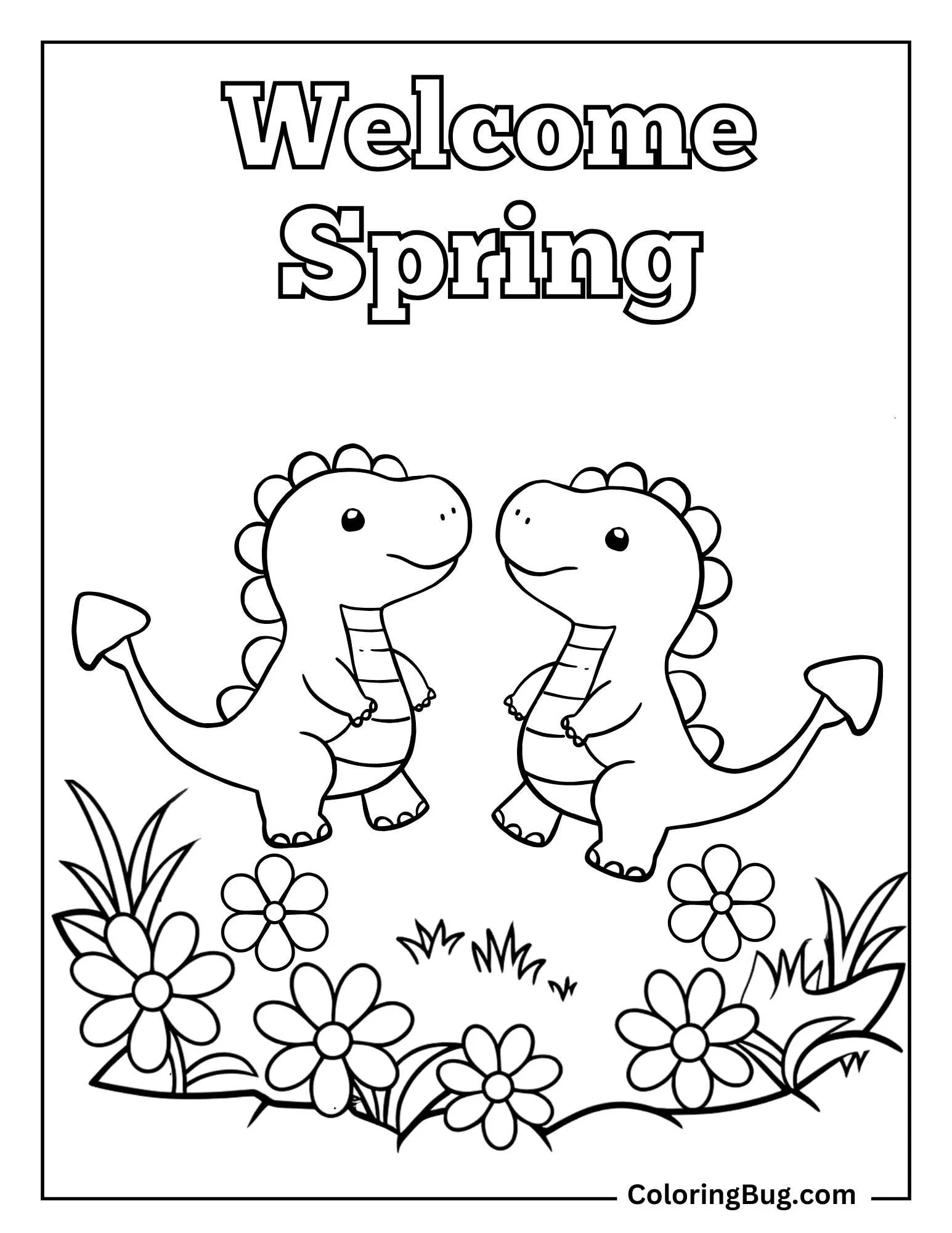 Two Dinosaurs Dancing In a Field Of Spring Flowers With Text Coloring Sheet
